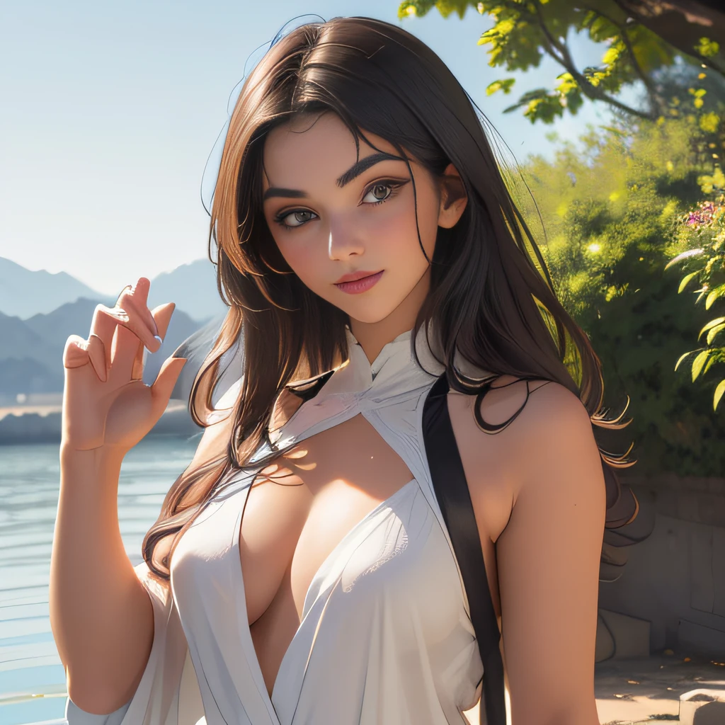 (Extremely detailed 8k wallpaper:2), (photo:2), (soigne Beautiful girl:2), (gives a lecture to friends:2), detailed (Face and eyes), (hyper realistic:1), (highly detailed:1), (epic realistic:1), rim light, (maximum details:1), cozy, (fullbody:1.3), (looking at viewer:2), (Woman's Attractive Qualities:2), (Attractive Woman:2), (Attractive:2), Smile, Intelligence, Empathy, Gracefulness, Sense of Style, Fitness, Grooming, Optimism, (Sensitivity:2), Sincerity, Romantic Gestures, Playfulness, Fashion Sense, (Sensuality:2), Charm, Modesty, Thoughtfulness, (Femininity:1), Flirtatiousness, Warmth, (Physical attractiveness:2), A beautiful smile, A love of life, strength and power, vulnerability, curiosity, wonder, love, (nature background:2), kawaii, waifu, Beautiful breasts, (attractive body:2), (Beautiful body:2), Beautiful pose, attractive pose, (Beautiful legs:1.0), (Beautiful clothes:1), (classic clothes:2), (elegant clothes:2), (European clothes:2), detailed clothes, (skirt:1), (blouse:1), (provocative pose)