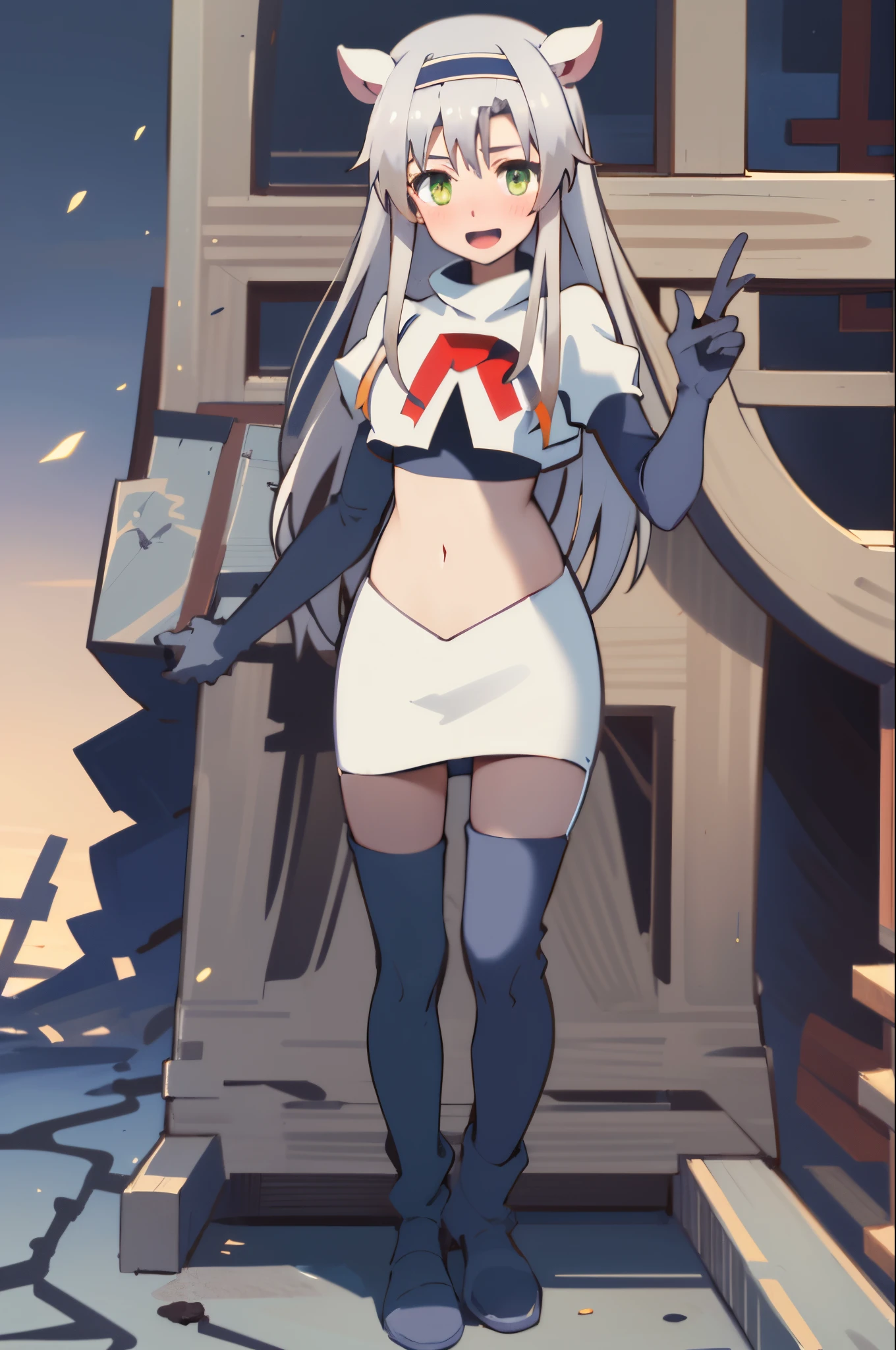 best quality, (masterpiece:1.2), detailed, medieval,
Sistine Fibel,
1girl, solo, open mouth, light smile, blush,
long hair, grey hair, green eyes, blue hairband, animal ears,
team rocket,team rocket uniform,white skirt,crop top,red letter R,black thigh-high boots,black elbow gloves,