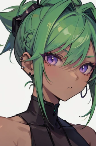 A portrait of a woman with asymmetrical green hair, an undercut hairstyle, purple eyes, ear piercings, an earring on one side and dark skin