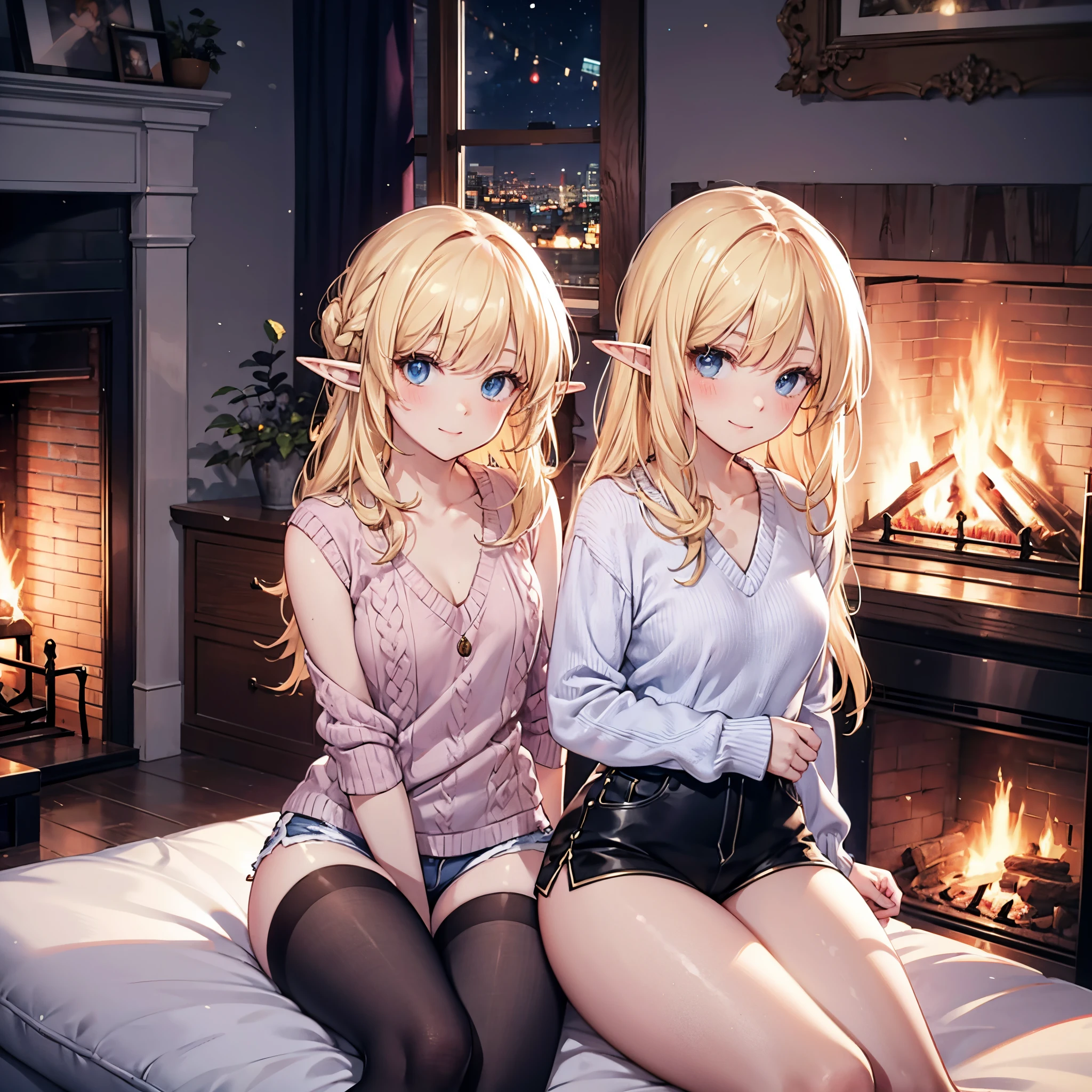 Realistic image, Detailed image, 1 small elf. Long silky loose hair, blonde hair, Blue eyes, Long eyelashes. Sleeveless sweater, Pajama V-neck sweater.  Pajama fabric minishorts. Stockings to mid-thigh. Medium breasts, slim waist, wide hips and thick thighs. smiling. Arched back. Living room with fireplace. Winter. Snowy day. Volumetric light. Ambient light.