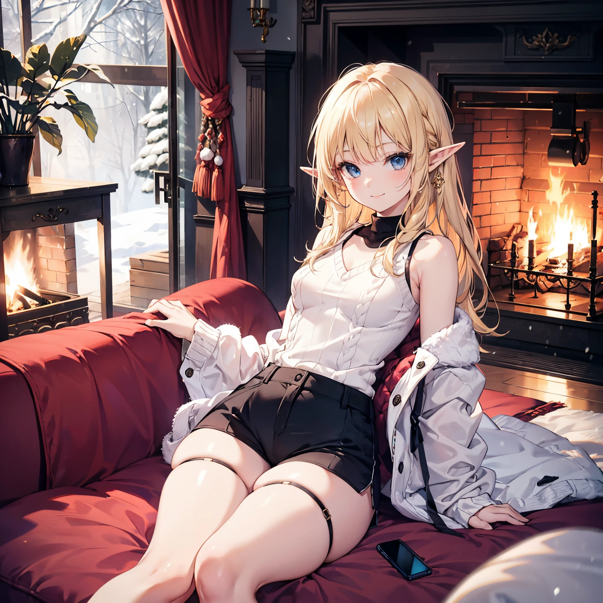Realistic image, Detailed image, 1 small elf. Long silky loose hair, blonde hair, Blue eyes, Long eyelashes. Sleeveless sweater, Pajama V-neck sweater. Pajama fabric minishorts. Stockings to mid-thigh. Medium breasts, slim waist, wide hips and thick thighs. smiling. Arched back. Living room with fireplace. Winter. Snowy day. Volumetric light. Ambient light.