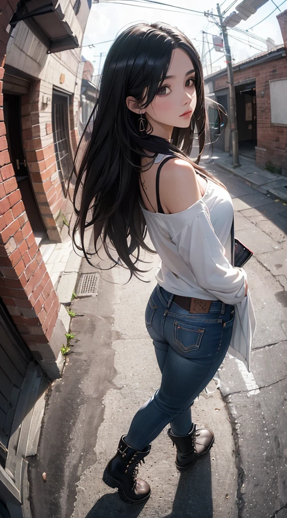 (((8k wallpaper of extremely detailed CG unit:1.2, masterpiece, hight resolution:1.2, top-quality:1.2, masutepiece))), ((a very beautiful woman, Hands in pockets:1.8, Fashion poses:1.3, punk fashion:1.5, Wear jeans, Wearing boots:1.3)), ((extra detailed face, Highly detailed black eyes, extra detailed body, Top quality real texture skins)), (A dark-haired:1.2, straight haired:1.2, The long-haired, de pele branca, Big:1.2, exposed shoulder), ((Alley without people, Mileland, Brick wall, natta)), (high-angle:1.1, a closeup, Fisheye:1.4), hyper realisitic, digitial painting,