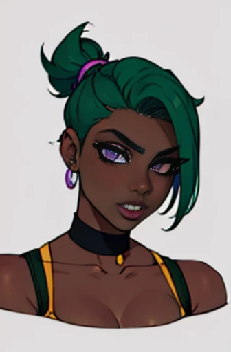 A portrait of a woman with asymmetrical green hair, an undercut hairstyle, purple eyes, ear piercings, an earring on one side and dark skin