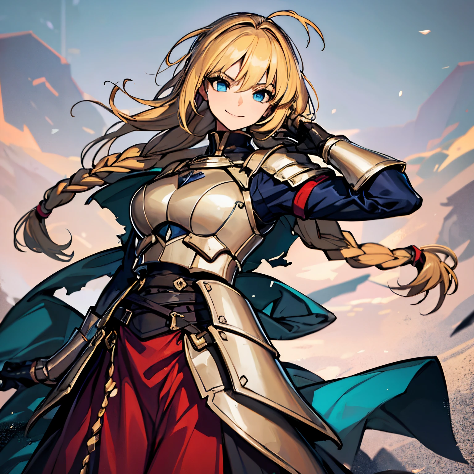 (absurdres, 8k, 4k, masterpiece, hyper extreme detailed:1.2), solo, front view portrait, best quality, portrait, solo, adult, cowboyshot, full body, perfect anatomy, 1girl, perfect face, expressive eyes, perfect eyes, friendly, confident, stubborn, understanding, medieval, hero, long braided hair, tomboy, armor, heroic, twin braids, smile, carefree, blonde hair, dynamic pose, long skirt, swept bangs, gloves, half body, covered body, artoria pendragon \(fate\), armor, flowing hair, flowing clothes, messy hair, wind, windy, hands in pockets, torn dress, battleworn, half body, battle skirt