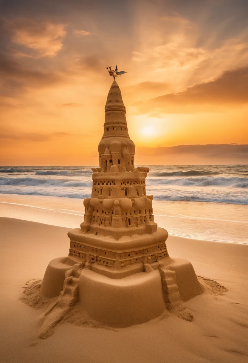 A photo of a unique and intricate sandcastle on a deserted beach.,original,Wearing beautiful clothes and having a nice body
