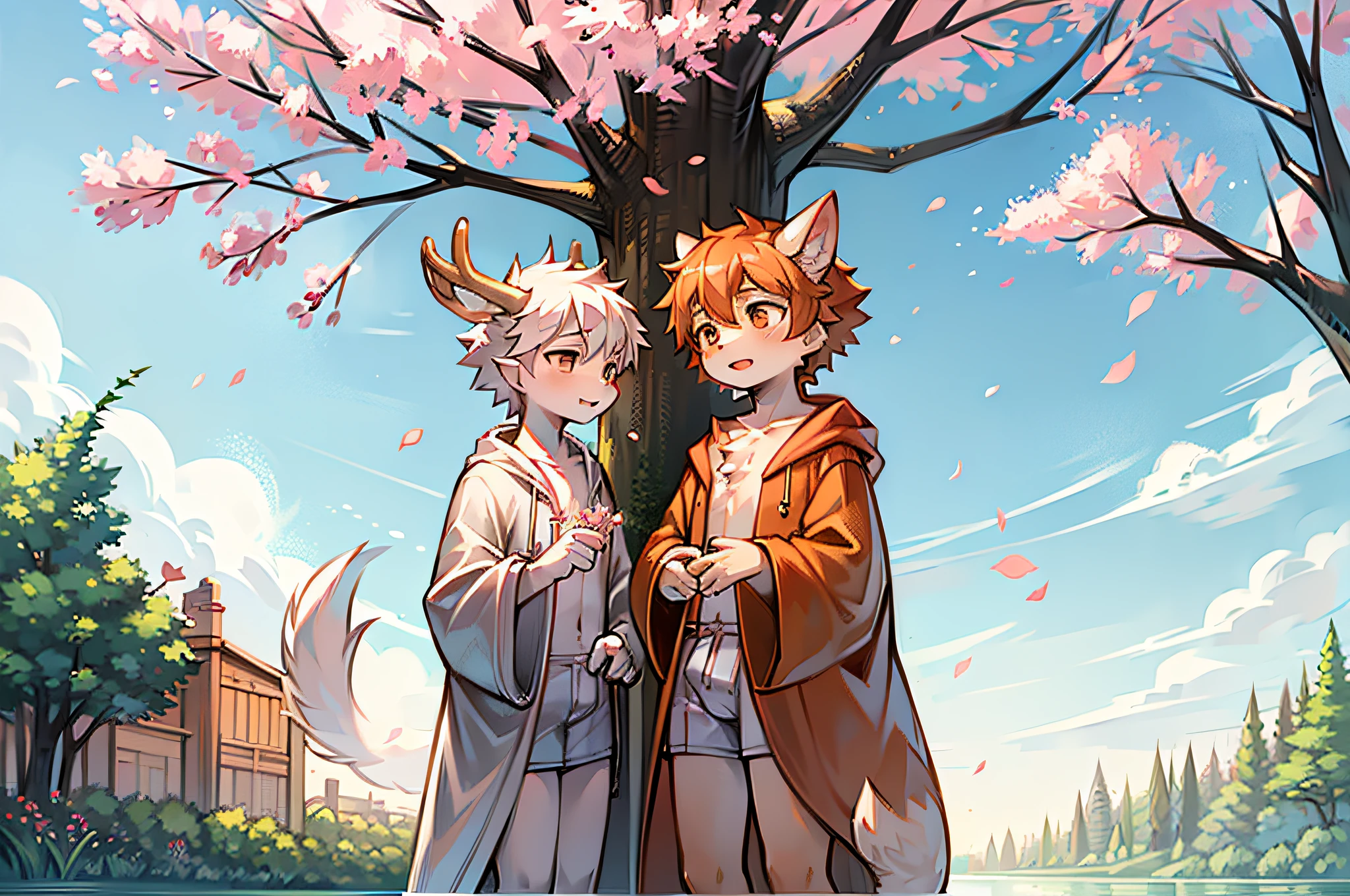 Furry shota, young, rabbit, long rabbit ears, pink hair, long spiky ponytail, spiky hair, detailed body fur, Pink eyes, ((purple kimono, open clothes, red fundoshi, goggles)), looking at another, white body fur, detailed face, big eyebrows, detailed eyes, detailed body, detailed hands, glistering body, shiny body, skinny, spectacular effects, perfect lighting, perfect shadows, perfect eyes, perfect hair, perfect face, gorgeous body, shy smile, japanese temple, yaoi, mm, romantic, 2 shota, selfie,