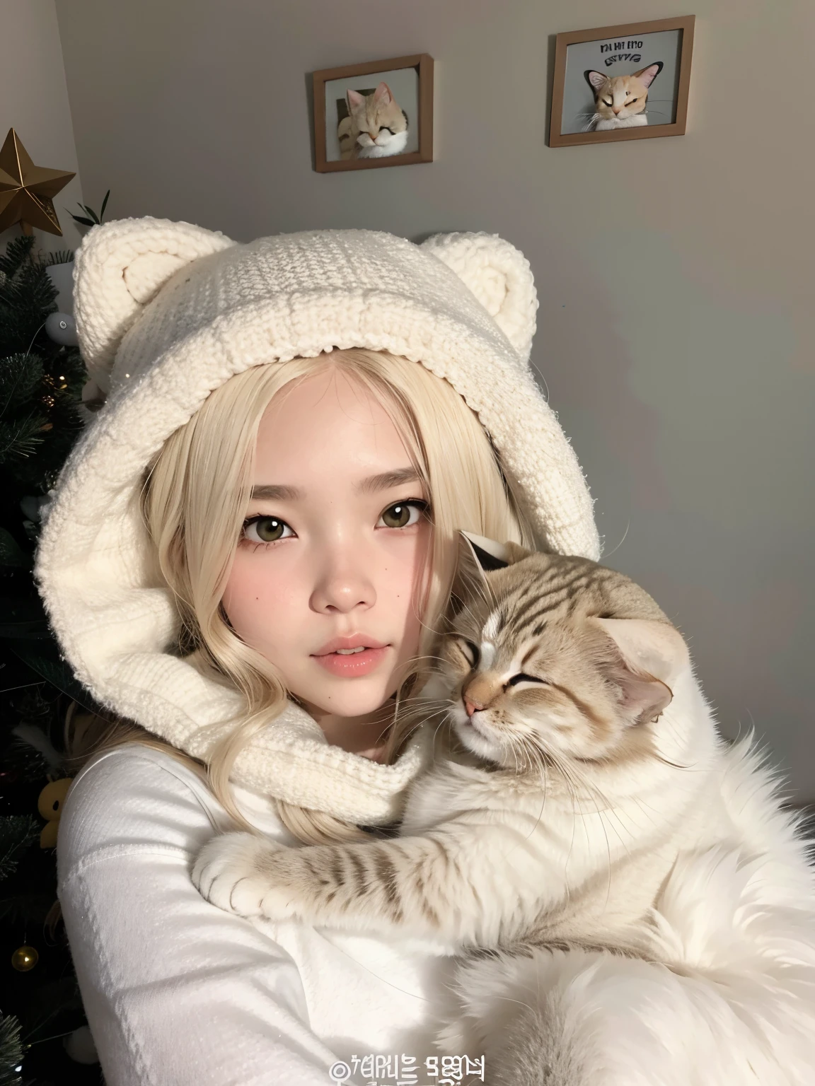blonde woman in a white sweater holding a cat, muito bonita gatinha fofa, Branco ( Gato ) garota, Ulzzang, menina do gato branco, menina com orelhas de gato, smol fluffy cat wearing smol hat, mulher com orelhas de gato, com cabelos longos brancos, menina anime com orelhas de gato, wan adorable korean face, gatinha jovem bonita, menina gato atraente