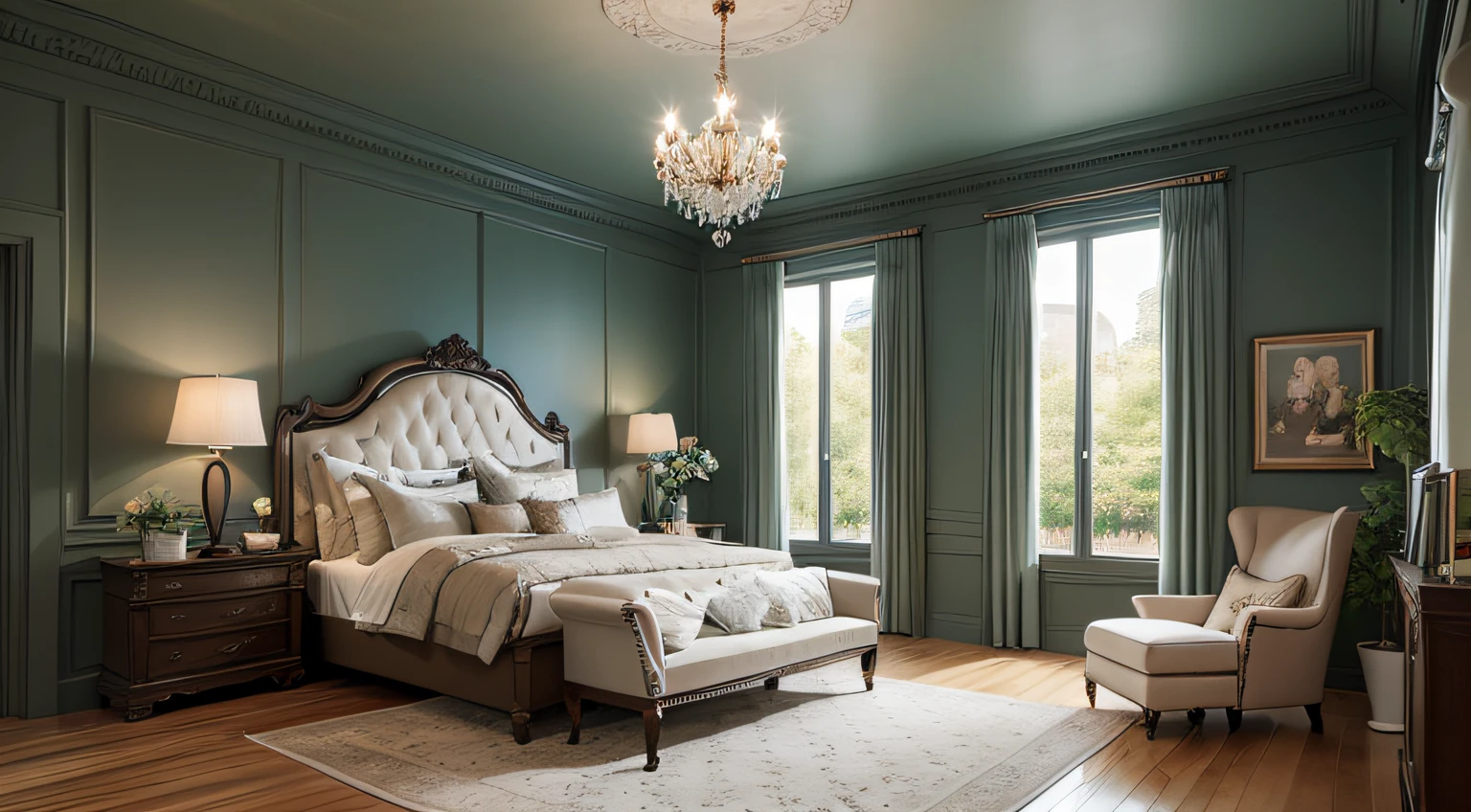 ray traycing, Comfortable bedroom,Tech style,Realistic thick paint illustration,Decorate with green plants,There are flowers embellished,rich details,delicate picture