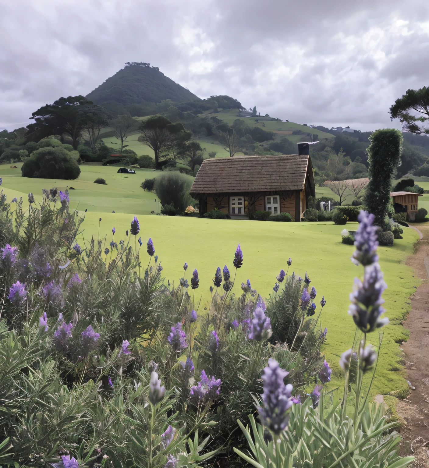 arbustos de lavanda na frente de uma casa com uma montanha ao fundo, Casa pequena em primeiro plano, Lavender fields in full bloom, Cottagecore!!, wood cabin in distance, Cottagecore, no campo, em um jardim de flores Cottagecore, Hobbiton sereno bonito, em um dia nublado, com um jardim em primeiro plano, In the distance there is a small house in the middle of a field, casinha, Cottagecore, casinha, idyllic cottage, casa de campo de madeira, Cottagecore!!, Rural area, Casa na floresta, hobbiton, Casa de Elrond, Casa de campo na floresta, O Condado, solitary cottage in the woods, Casa de campo na floresta, casa em uma colina, Pitoresca