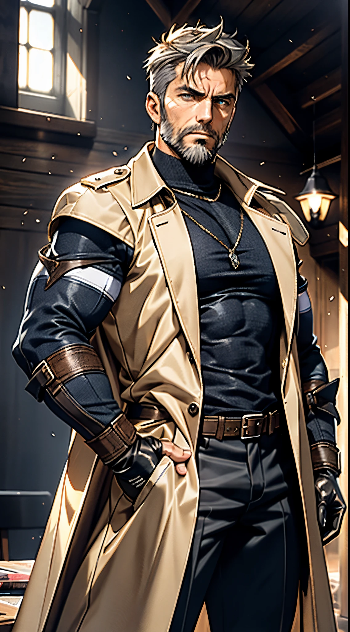 A middle-aged man, 50 years old, medium-length long gray hair, hairstyle in a disheveled spiky manner, sorrowful gaze, well-defined facial features, a full beard, a tall and muscular physique, a simple two-piece fantasy-realism style outfit, a snug light yellow undershirt, a sleeveless long trench coat, long gloves, coarse cloth trousers, bowing his head in repentance on a grim battlefield, this character embodies a finely crafted fantasy-realistic martial arts in anime style, exquisite and mature manga art style, high definition, best quality, highres, ultra-detailed, ultra-fine painting, extremely delicate, professional, anatomically correct, symmetrical face, extremely detailed eyes and face, high quality eyes, creativity, RAW photo, UHD, 8k, Natural light, cinematic lighting, masterpiece-anatomy-perfect, masterpiece:1.5