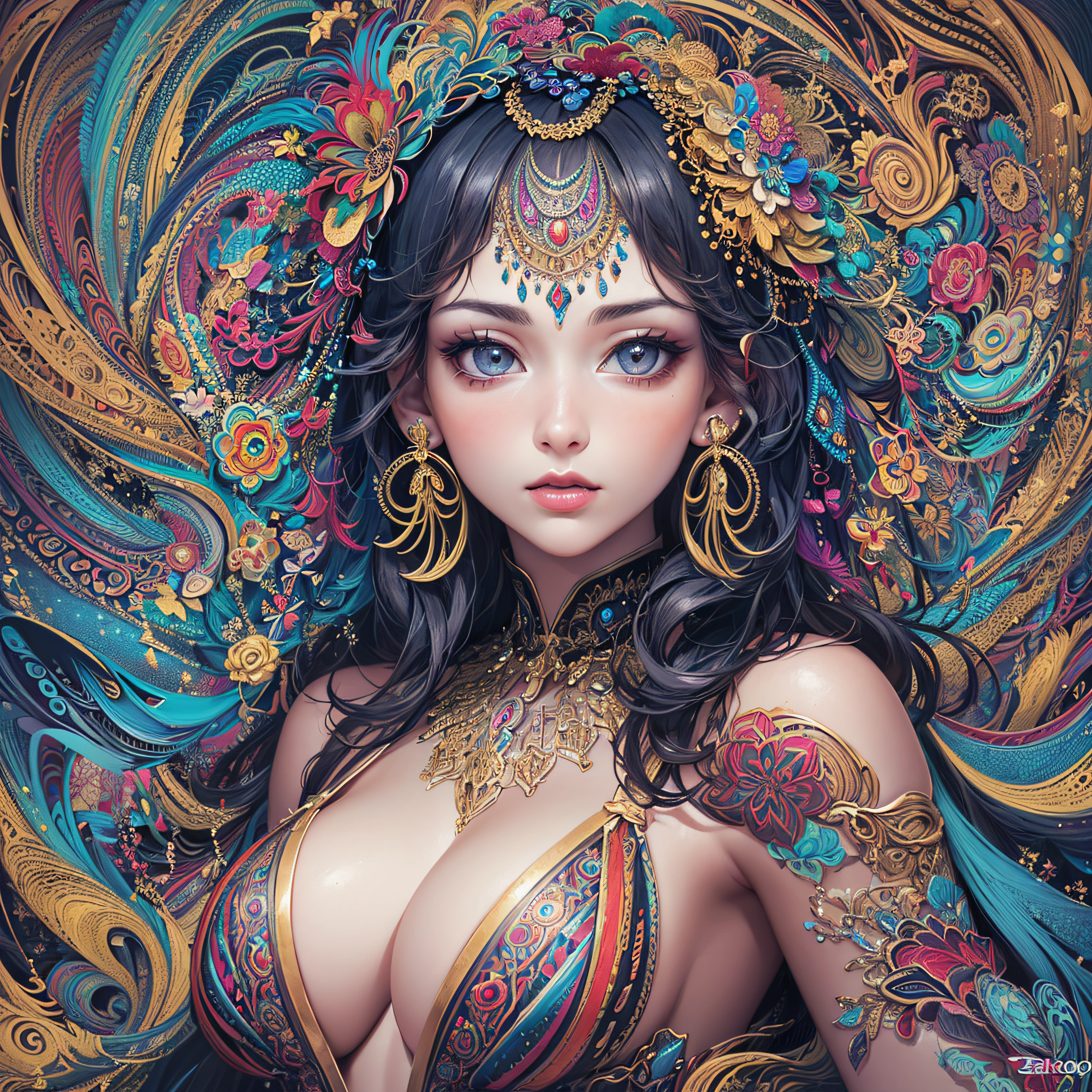 (masterpiece, top quality, best quality, official art, beautiful and aesthetic:1.2), (1girl:1.3), extremely detailed,(fractal art:1.2),colorful,highest detailed,(zentangle:1.2), (dynamic pose), (abstract background:1.5), (treditional dress:1.2), (shiny skin), (many colors:1.4), upper body