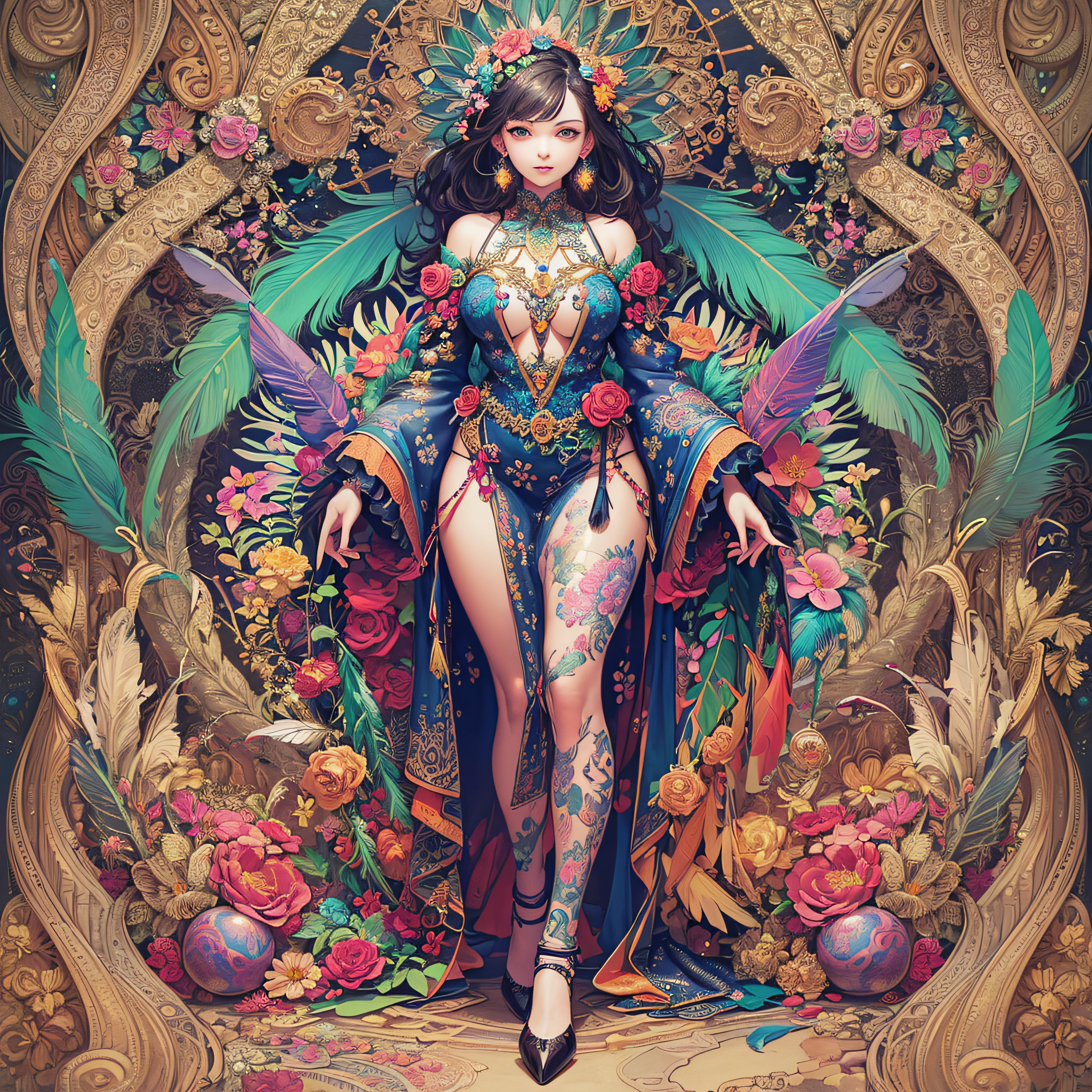 (masterpiece, top quality, best quality, official art, beautiful and aesthetic:1.2), (1girl:1.3), extremely detailed,(fractal art:1.1),(colorful:1.1)(flowers:1.3),highest detailed,(zentangle:1.2), full body, (abstract background:1.3), (shiny skin), (many colors:1.4), ,(earrings), (feathers:1.5),