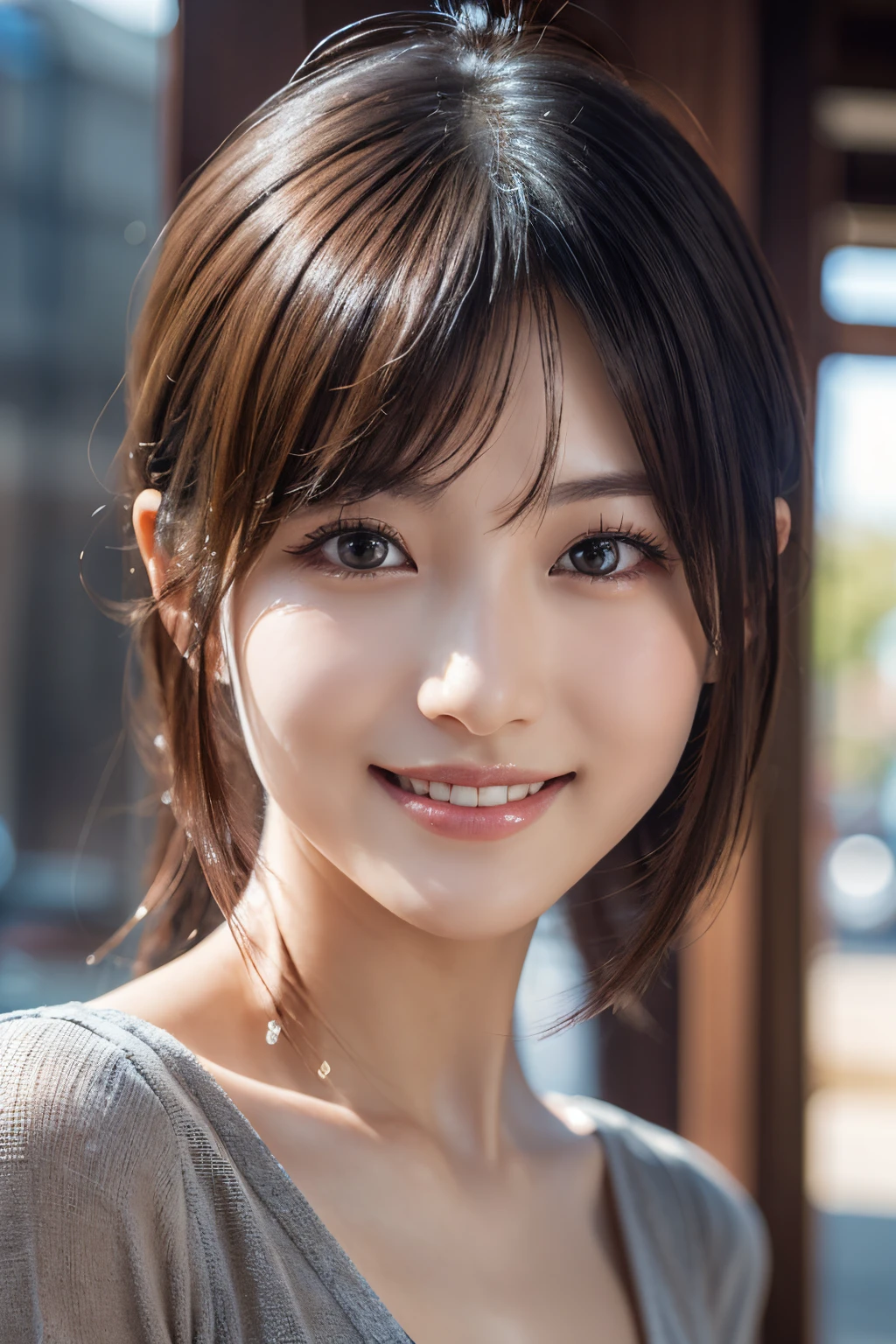 (A hyper-realistic) , (photographrealistic:1.4),(Increase the resolution), (8K), (ighly detailed), (beatiful detailed eyes), (best qualtiy), (ultra-detailliert), (masterpiece), (wall-paper), (详细的脸), 独奏,1 rapariga, perfect beautiful japanese woman:1.4、25-years old、looking at the viewers, delicate detail, A detailed face, murky, deep-shadows, hair messy, asymmetrical bangs, (A smile:1.5),