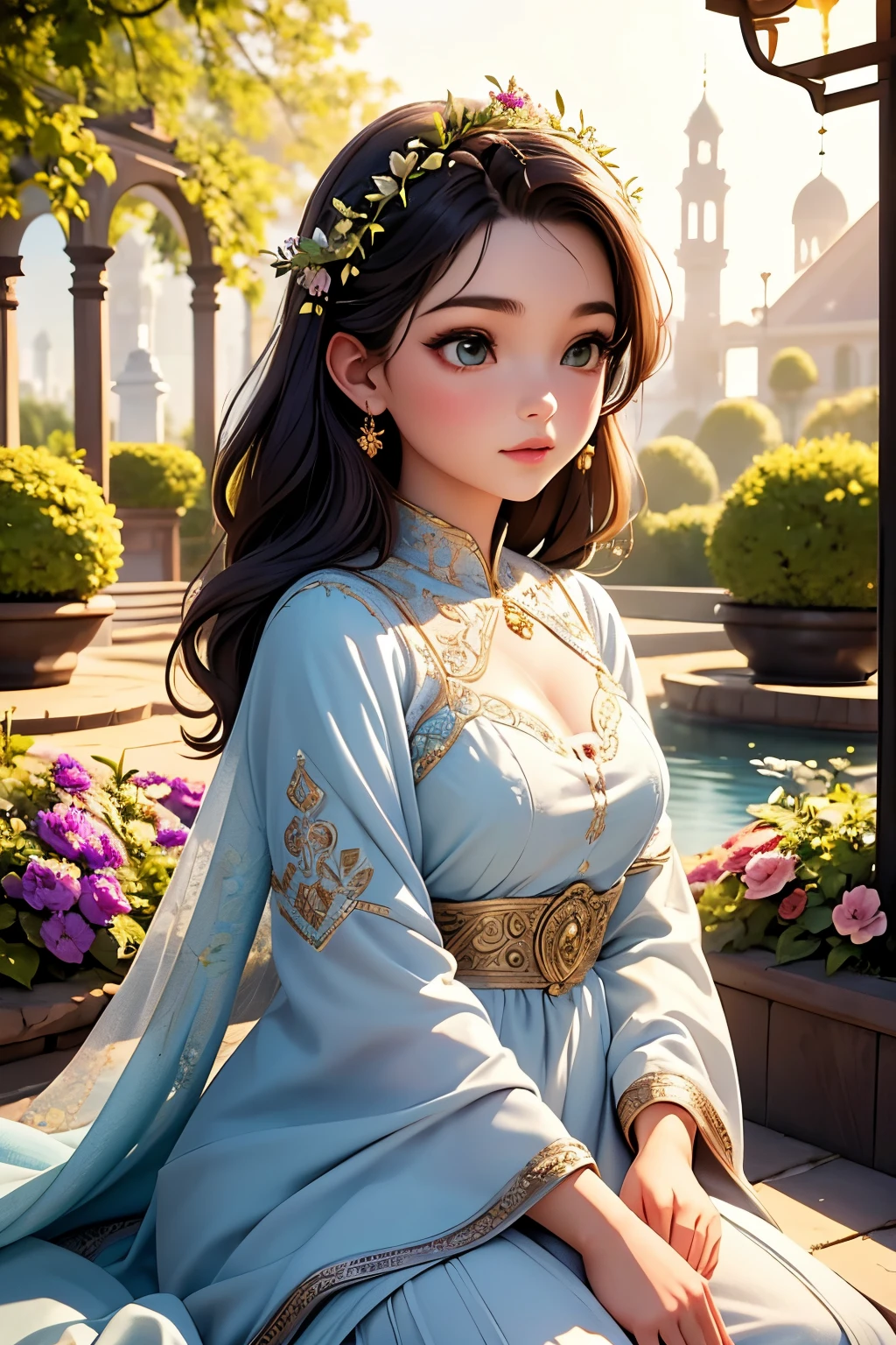 A girl with beautiful detailed eyes and lips stands in a picturesque garden. The girl's eyes captivate with their intricate details, while her lips are delicately shaped, accentuating her overall beauty. The garden is adorned with vibrant flowers and lush greenery, creating a serene and enchanting atmosphere. The artwork is rendered in a medium that combines elements of traditional illustration and 3D rendering, resulting in a unique visual style. The image quality is of the highest standard, boasting best quality, 4K resolution, and photorealistic details. The colors are vivid and vibrant, enhancing the overall appeal of the artwork. The lighting is expertly crafted, casting soft and subtle hues, illuminating the girl and the surrounding garden. The masterpiece showcases an ultra-detailed representation, capturing every intricate feature with precision and finesse. The fusion of the girl's ethereal presence, the enchanting garden scenery, and the stunning artistic execution create a mesmerizing piece of art.