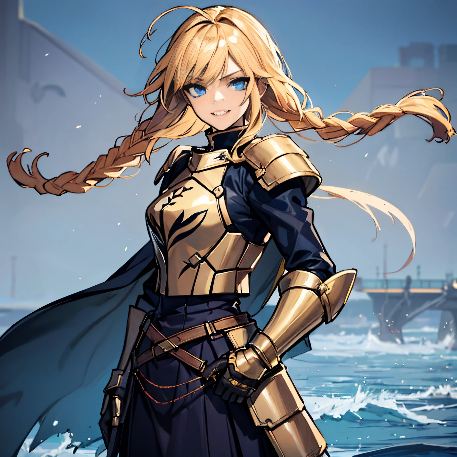 (absurdres, 8k, 4k, masterpiece, hyper extreme detailed:1.2), solo, front view portrait, best quality, portrait, solo, adult, cowboyshot, full body, perfect anatomy, 1girl, perfect face, expressive eyes, perfect eyes, friendly, confident, stubborn, understanding, medieval, hero, long braided hair, tomboy, armor, heroic, twin braids, smile, carefree, blonde hair, dynamic pose, long skirt, swept bangs, gloves, half body, covered body, artoria pendragon \(fate\), armor, flowing hair, flowing clothes, messy hair, wind, windy, hands in pockets, torn dress, battleworn, half body, battle skirt