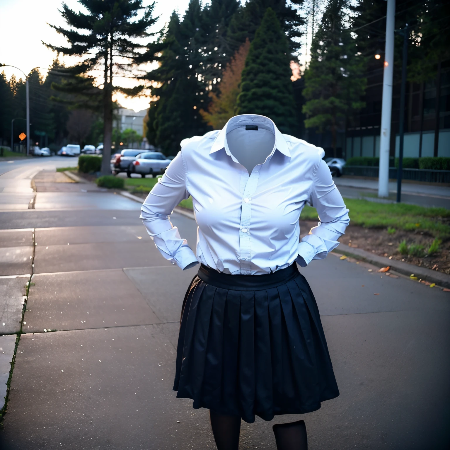 chubby, fat, school uniform, school tie, going home from school, (wet clothes), (Swayback stance, Seductive pose), (invisible:1.5, no humans:1.5, headless:1.5, faceless:1.5), (cute big breasts), (8k, RAW photo, best quality, masterpiece:1.2), (realistic, photo-realistic:1.37), photon mapping, radiosity, ((Hasselblad photography)), physically-based rendering