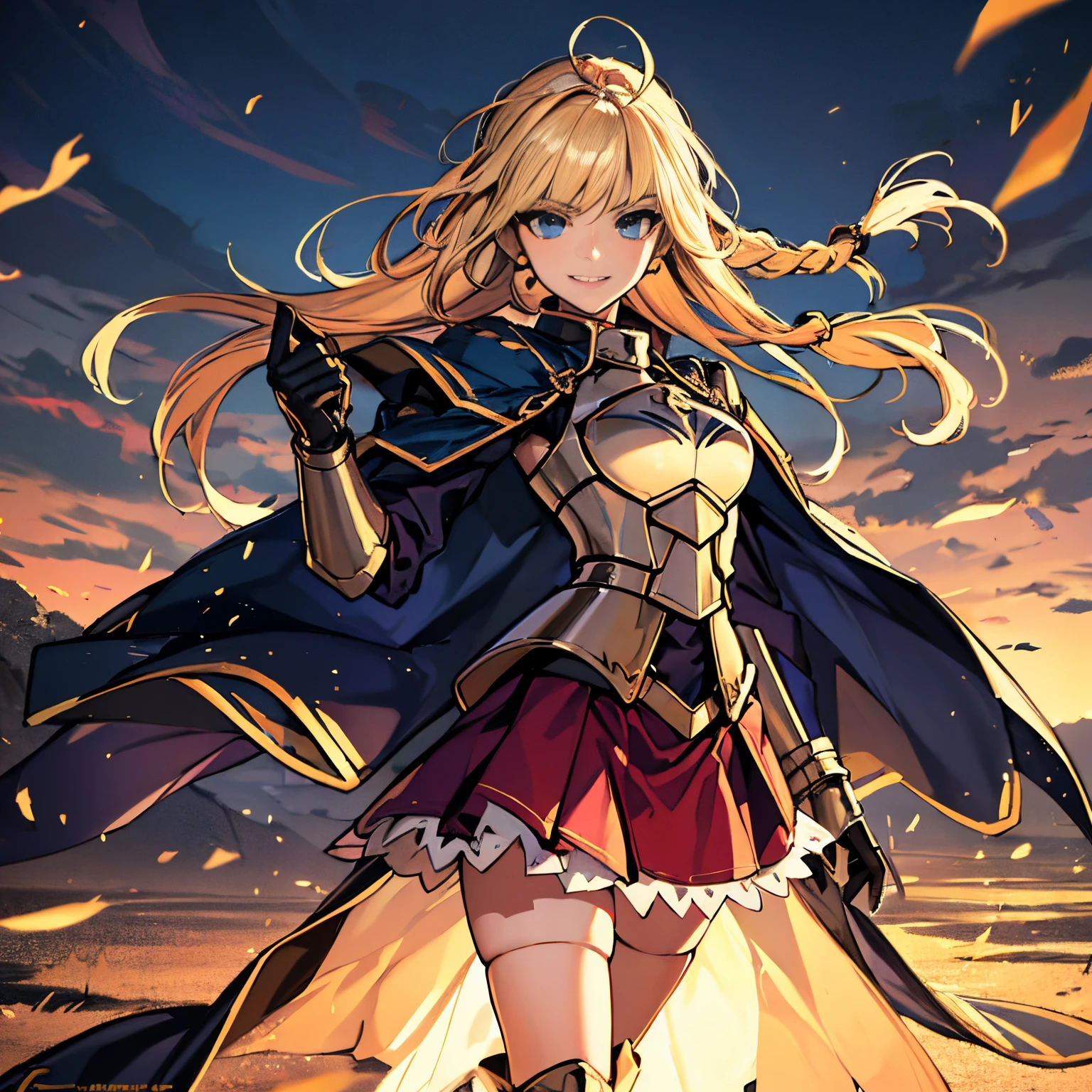 (absurdres, 8k, 4k, masterpiece, hyper extreme detailed:1.2), solo, front view portrait, best quality, portrait, solo, adult, cowboyshot, full body, perfect anatomy, 1girl, perfect face, expressive eyes, perfect eyes, friendly, confident, stubborn, understanding, medieval, hero, long braided hair, tomboy, armor, heroic, twin braids, smile, carefree, blonde hair, dynamic pose, long skirt, swept bangs, gloves, half body, covered body, artoria pendragon \(fate\), armor, flowing hair, flowing clothes, messy hair, wind, windy, hands in pockets, torn dress, battleworn, half body, battle skirt