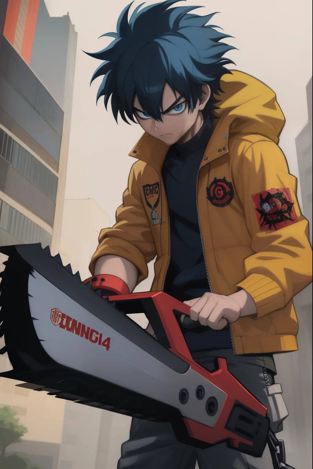 anime guy with chainsaw in his hand in front of a building, blue messy haircut, badass anime 8 k, chain saw man, Akira Estilo de Arte, sorrindo, No estilo Sachin Teng, Epic anime style, akira style illustration, Estilo anime 4K, Melhor Anime 4K Konachan Wallpaper, Sem estilo Akira, Sachin Teng, arte traficional do anime, Art not Guweiz style