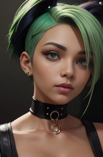 A portrait of a woman with asymmetrical green hair, an undercut hairstyle, purple eyes, ear piercings, an earring on one side and dark skin