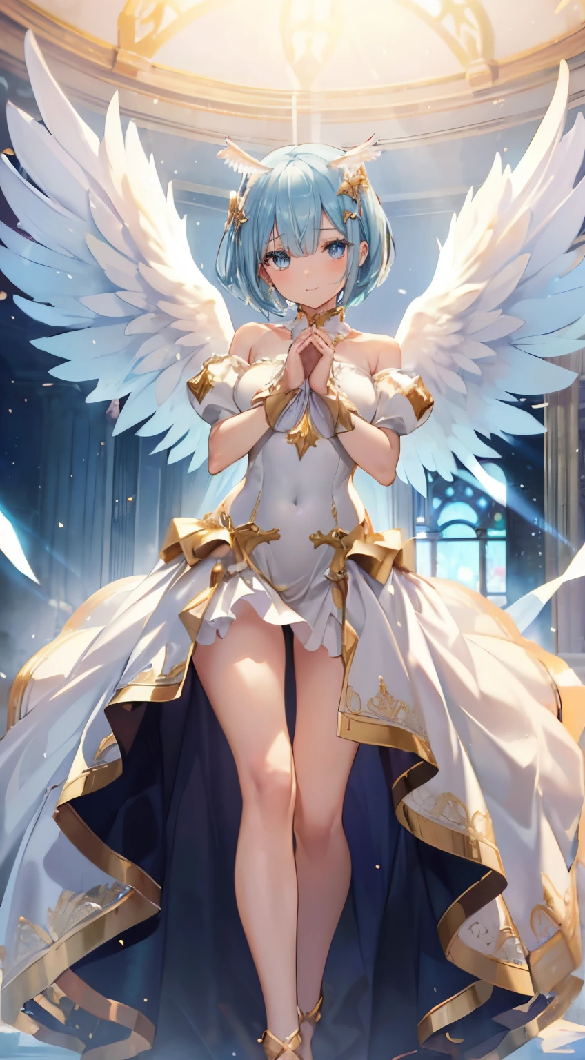 extra detailed face, Perfect Lighting, extremely details CG, 4K、8K、be shy、mournful smile、(Perfect hands, Perfect Anatomy)、Ultra-realistic photo of a girl in a majestic white and golden ball gown dress, Big beautiful dress, Complex puffy ball gown with lots of frills and rhinestones (Best Quality, masutepiece, ((Angel wings:1.2))。 art stations, Fantasy Art:1.2), Palace rooms, Beautiful cute girl, Rem of Rezero、(Blue shorthair:1.3), Bangs hide one eye、(Complex short gold skirt, Bare legs:1.2, Full body shot)、very Bigger breasts、White panties、(Clearly visible detailed female pubic shape: 1.4)、skirt rift、