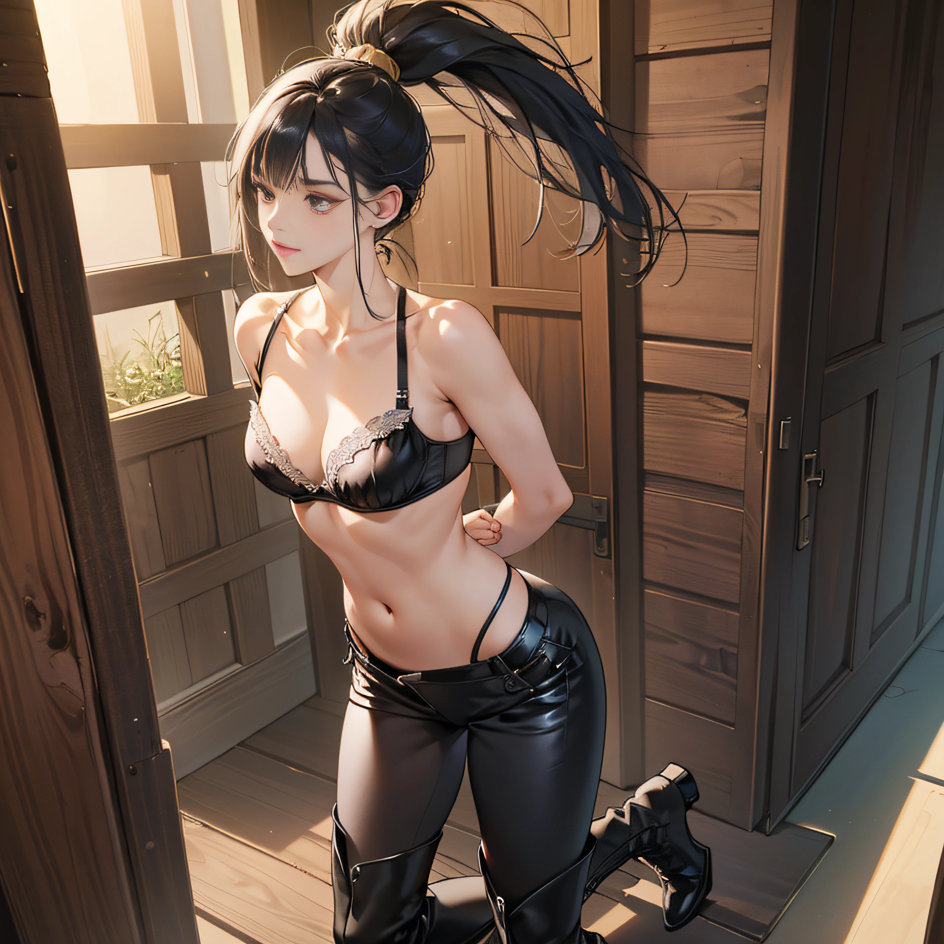 (Chai-ri, Place your arms behind your back:1.4), (Place your hands behind your back), (The highest image quality, eye - catching detail, 超高分辨率, (hentail realism: 1.4), (tmasterpiece, Best quality at best)), (tmasterpiece, Best quality at best) 1.5, 1个Giant Breast Girl, Alone, (sexy for, Asian girl height 175，Weight 90， The face is delicate，perfect  eyes) , Tipha Lockheart, （tight push up bra, Wear a bra, Very tight little push up bra, white bra, sexy push up bra, Gold bra, V-chest clothes, posing in bra, Bra shoulder straps, Her, boobgasm, bralette, Hair floating to cover chest, satin, Black bra, little breast，black undersuit, Thin black underwear, black bikini, Close-up of the bottom body, sexy for :8, sling bikini, pantiess, Exquisite and smooth details, sexy body and sexy abdomen, metallic bikini, underdressing， Riding boots, kneehigh boots, tigh-high boots, leather boots, kneehigh boots, Wearing black boots, wide leather boots, Black leather boots, Platform boots, wearing boots, Wearing high military boots, boots, Black boots, Knee-length black boots ）, (Full body lesbian), (Chai-ri, Place your arms behind your back:1.4), (Place your hands behind your back)，