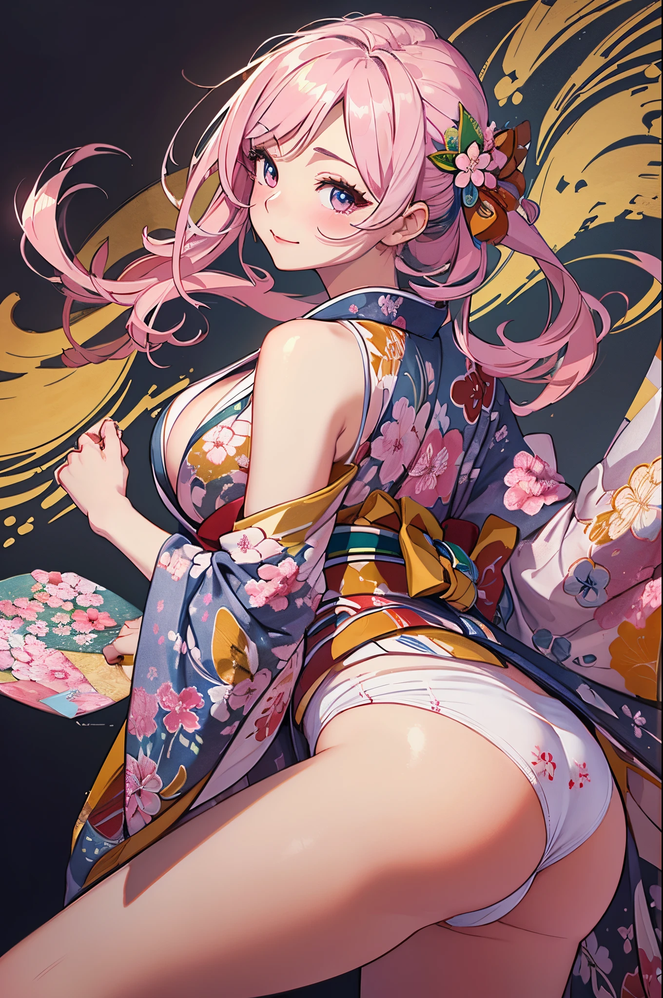 ((masterpiece1.5)),hyper quality, Hyper Detailed,Perfect drawing,1girl in,((large full breasts)),kawaii ,With smiling eyes,(((Beautiful kimono))),(((Luxury kimono)))、(((Beautiful embroidery)))、。.3D,16K illustrations,((clearface)),kirakira、shiny、a gorgeous、high-class sense、A dark-haired、(((pink seduction background)))、(thin-waist)、 A dark-haired、Cute even though her eyes are tight、(((Luxury kimono)))、((Plum blossoms))、((peach blossoms))、((cherryblossom))、Back view、Detailed drawing、Best Quality, Capture super cute moments, depth of fields, ultra-detailliert, High resolution, C4D, Octadale, 。.3D Modeling, Delicate and detailed depiction、((moonlights))、superclear、Full of charm、((very Bigger breasts)),kawaii ,With smiling eyes,(((Beautiful kimono))),(((Luxury kimono))). nice background、(((beatiful backgrounds)))、(((Detailed drawing)))、(((Perfect Photo)))、kirakira、illustrious、golden colored、