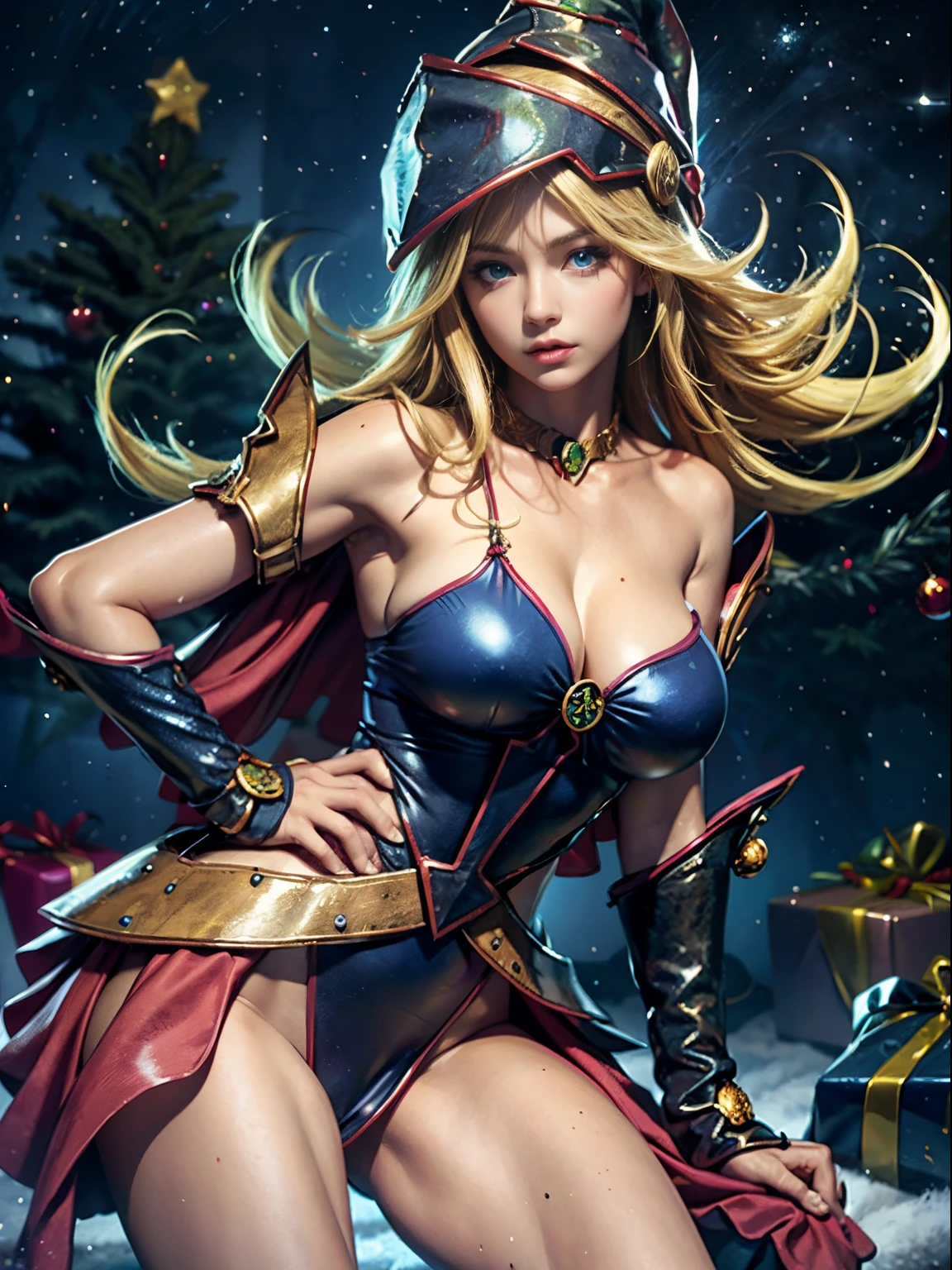 Dark magician gils. Rubia dorada sexy, ojos azules, Cara hermosa,  Fit and athletic body, travieso, guarra, Manos perfectas, Manos detalladas, Ojos azules perfectos, ojos detallados, flirty, sexy, tetas grandes y alegres, cuerpo completo, realista, HDR, UHD, dynamic, sentado en el suelo frente a una chimenea, Posando, Santa Claus red dress, christmas tree, botas negras. Pose sejustiva y sensual