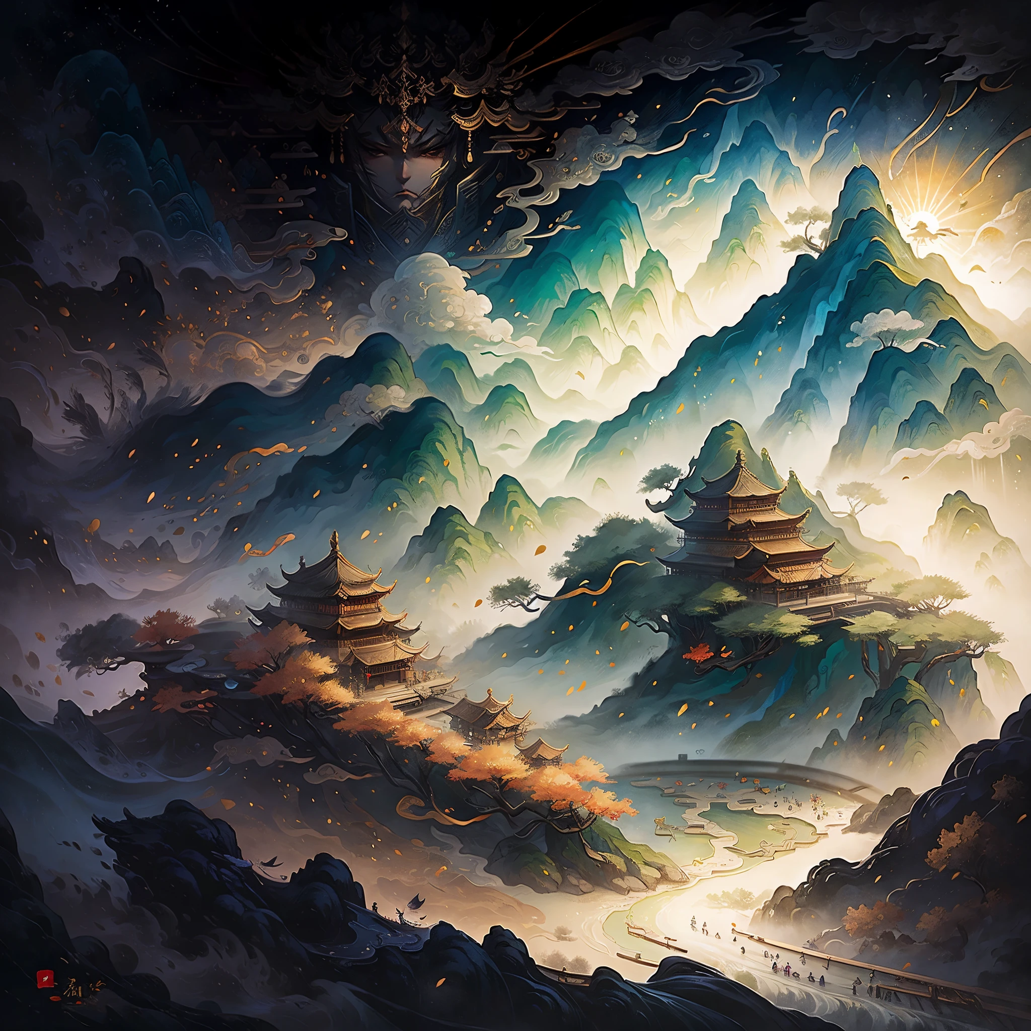 chinese wind mountains, river, auspicious clouds, pavilions, sunlight, masterpiece, super detail, epic composition, ultra hd, high quality, extremely detailed, official art, unified 8k wallpaper, super detail, 32k