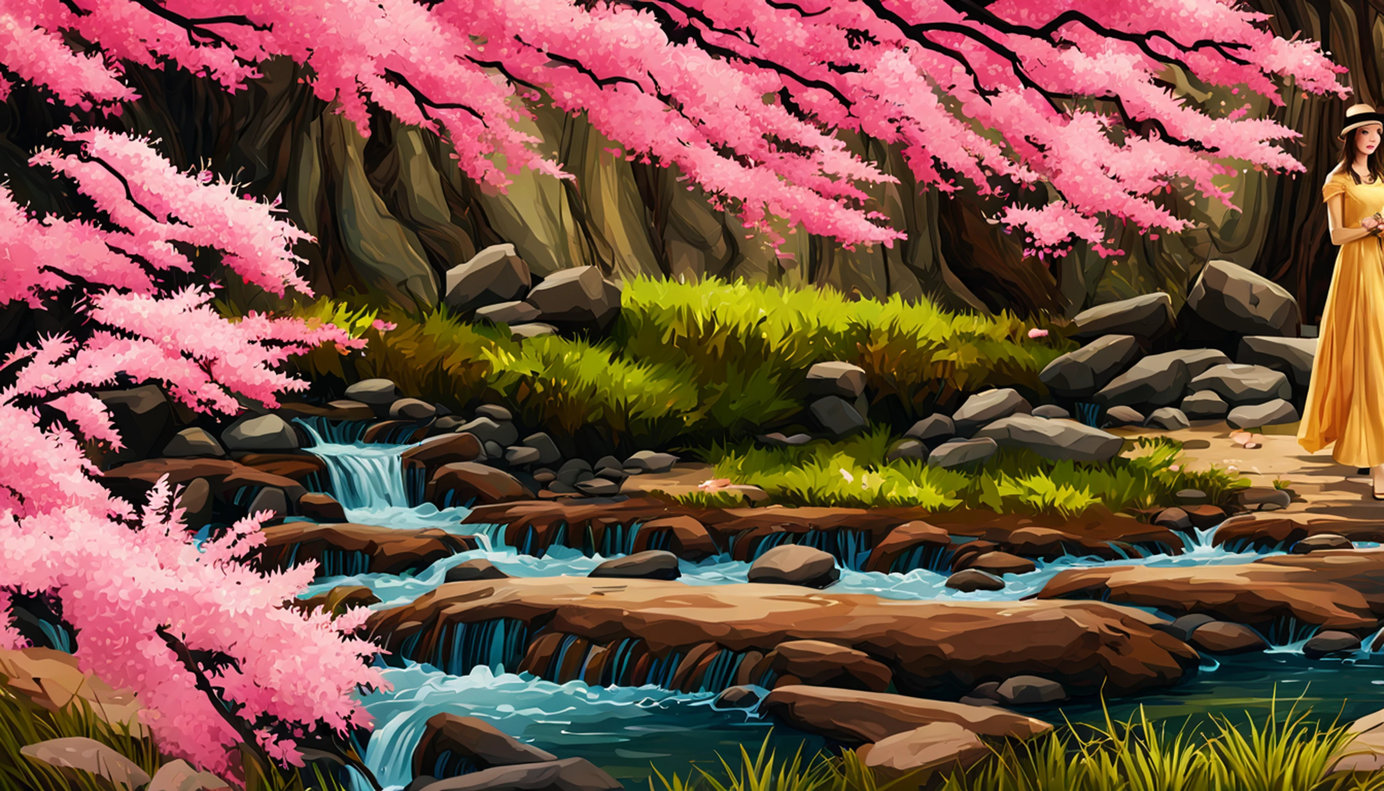 painting of a beautiful Chinese woman standing in a cherry blossom field with a sun hat and wearing pink halter dress, longos cabelos castanhos ondulados, wearing sunglasses, alto e magro, Beautiful, sorriso sutil, em um barco em um rio, por Yang J, Arte digital altamente detalhada em 4k, pintura detalhada 4K, inspirado em Raphael Lacoste, Pintura digital fosca 4K HD, Paisagem chinesa, inspirado em Fenghua Zhong, Detailed scenery—width 672, autor:Qu Leilei, inspirado em Andreas Rocha, autor:Xu Song