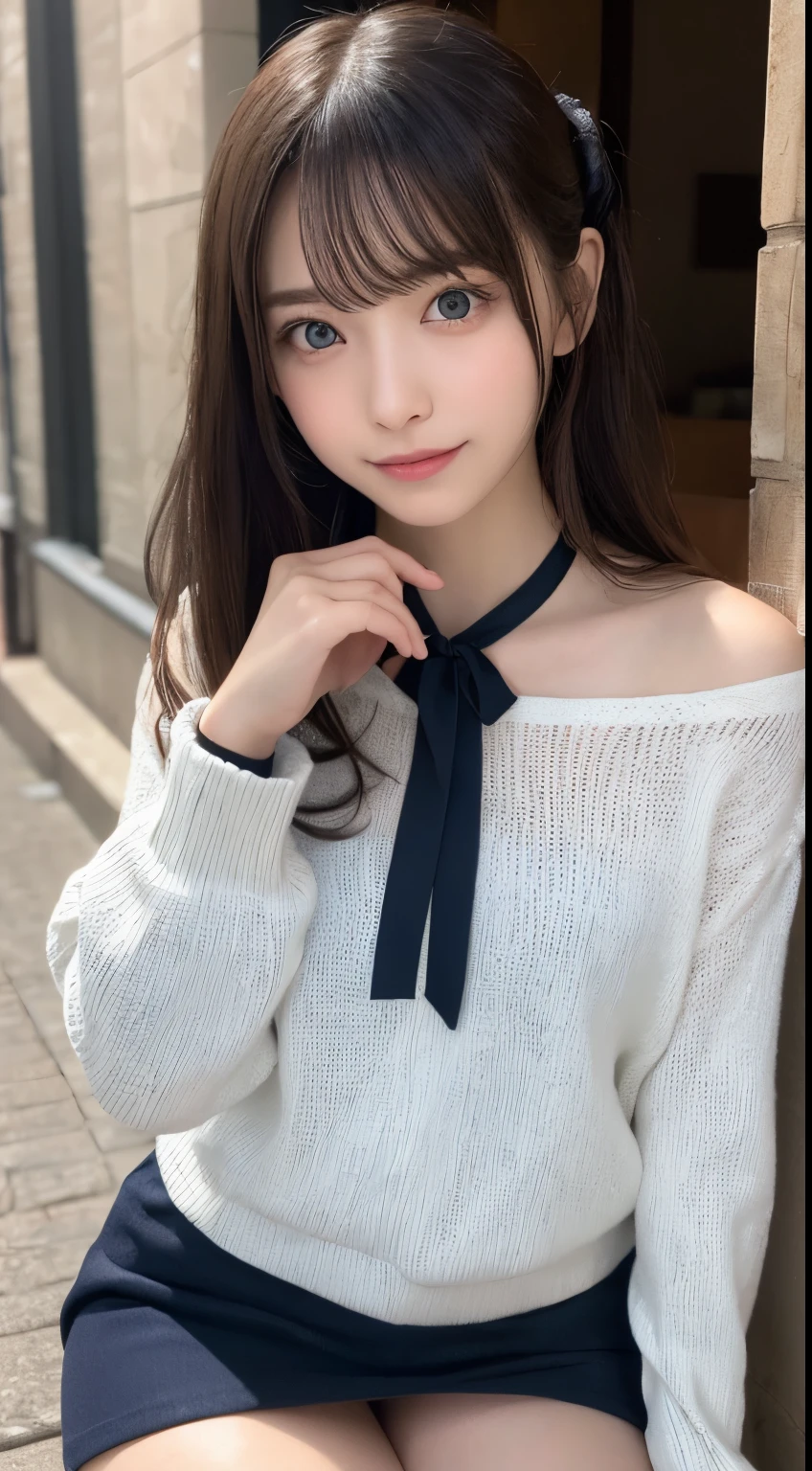 NFSW、masutepiece、masterpiece、1 girl in、(close up of face、cowboy shot)、Straight front view、japanes、very young cute woman、(The cutest girl in the world)、、Smaller face、large full breasts、Autumn knit jacket、Sheer inner、Chiffon skirt、Ultra-detailed costumes、Smiling in a café、Scrunchie、Thin necklace、Glamorous figure、hyper cute face、shiny lip、Double eyelids in both eyes、 natural make up、long eyeslashes、shiny smooth light brown hair、bangss、Short twin tail hair、asymmetrical bangs、image in center、8K分辨率、high détails、Detailed hairstyles、A detailed face、spectacular movie lighting、octane renderings、with a vibrant、Ultra-realistic、Perfect limbs、perfect anatomia