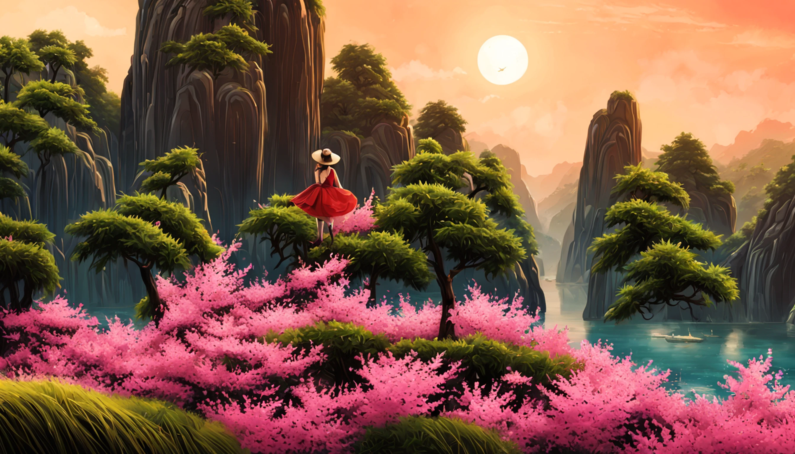 painting of a beautiful Chinese woman standing in a cherry blossom field with a sun hat and wearing pink halter dress, longos cabelos castanhos ondulados, wearing sunglasses, alto e magro, Beautiful, sorriso sutil, em um barco em um rio, por Yang J, Arte digital altamente detalhada em 4k, pintura detalhada 4K, inspirado em Raphael Lacoste, Pintura digital fosca 4K HD, Paisagem chinesa, inspirado em Fenghua Zhong, Detailed scenery—width 672, autor：Qu Leilei, inspirado em Andreas Rocha, autor：Xu Song