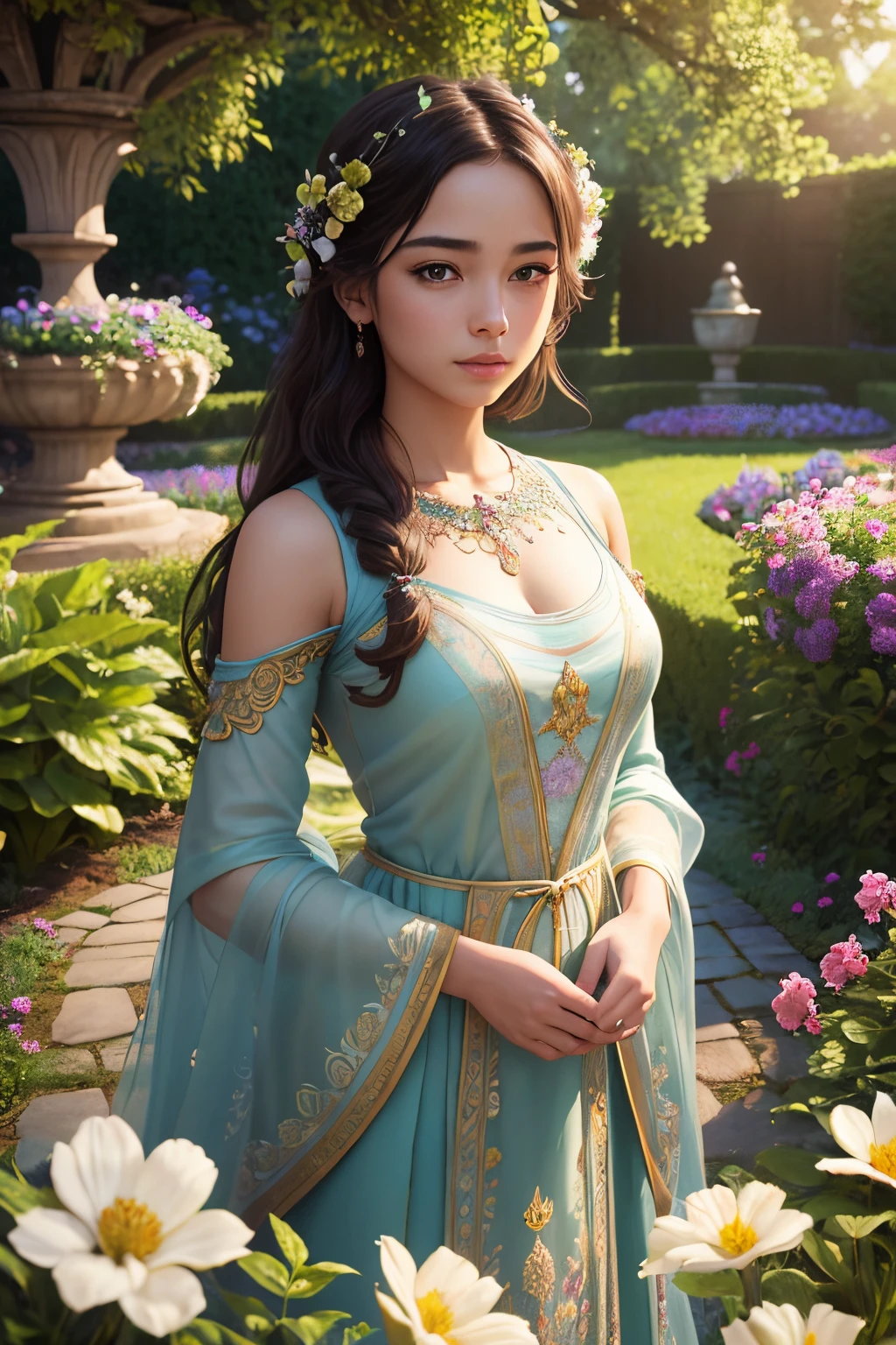 A girl with beautiful detailed eyes and lips stands in a picturesque garden. The girl's eyes captivate with their intricate details, while her lips are delicately shaped, accentuating her overall beauty. The garden is adorned with vibrant flowers and lush greenery, creating a serene and enchanting atmosphere. The artwork is rendered in a medium that combines elements of traditional illustration and 3D rendering, resulting in a unique visual style. The image quality is of the highest standard, boasting best quality, 4K resolution, and photorealistic details. The colors are vivid and vibrant, enhancing the overall appeal of the artwork. The lighting is expertly crafted, casting soft and subtle hues, illuminating the girl and the surrounding garden. The masterpiece showcases an ultra-detailed representation, capturing every intricate feature with precision and finesse. The fusion of the girl's ethereal presence, the enchanting garden scenery, and the stunning artistic execution create a mesmerizing piece of art.