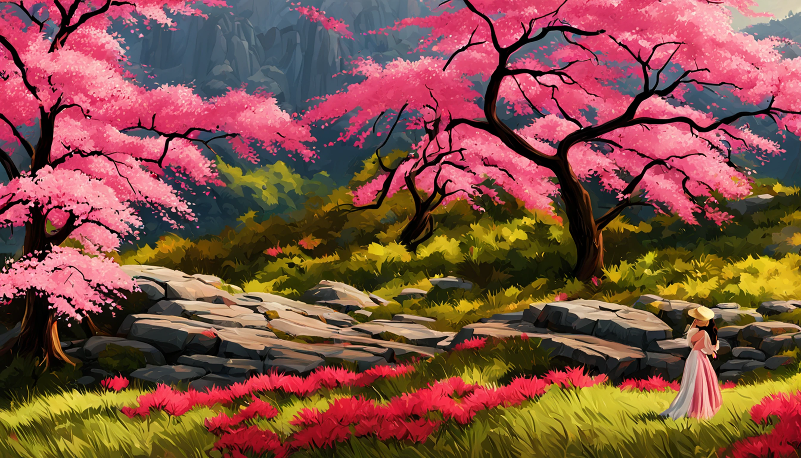 painting of a beautiful Chinese woman standing in a cherry blossom field with a sun hat and wearing pink halter dress, longos cabelos castanhos ondulados, wearing sunglasses, alto e magro, Beautiful, sorriso sutil, em um barco em um rio, por Yang J, Arte digital altamente detalhada em 4k, pintura detalhada 4K, inspirado em Raphael Lacoste, Pintura digital fosca 4K HD, Paisagem chinesa, inspirado em Fenghua Zhong, Detailed scenery—width 672, autor:Qu Leilei, inspirado em Andreas Rocha, autor:Xu Song