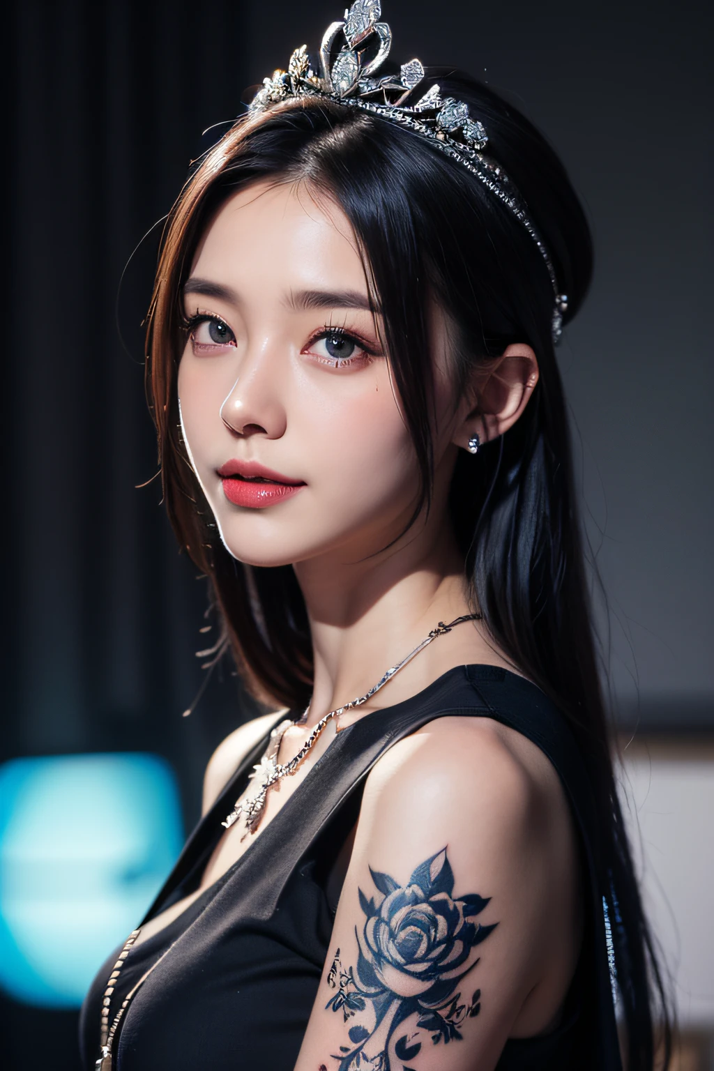 masutepiece, Best Quality, High quality, Extremely Detailed CG Uniform 8k Wallpaper, 1girl in, Solo, black to blue hair, The tattoo, Short hair, hat, Jewelry, Smile, Necklace, gaze at the audience, hat, Realistic, Open mouth, tusk, Upper body, vests, Nose, Bare shoulders, artist name, Black tiara, 鎖骨, arm tattoos, Blue eyes, Lips, blur, Oil Painting, awardwinning photo, Bokeh, depth of fields, nffsw, bloom, chromatic abberation, Realism, Very detailed, Art Station Complex, high detailing, Dramatic, Art by Midjourney