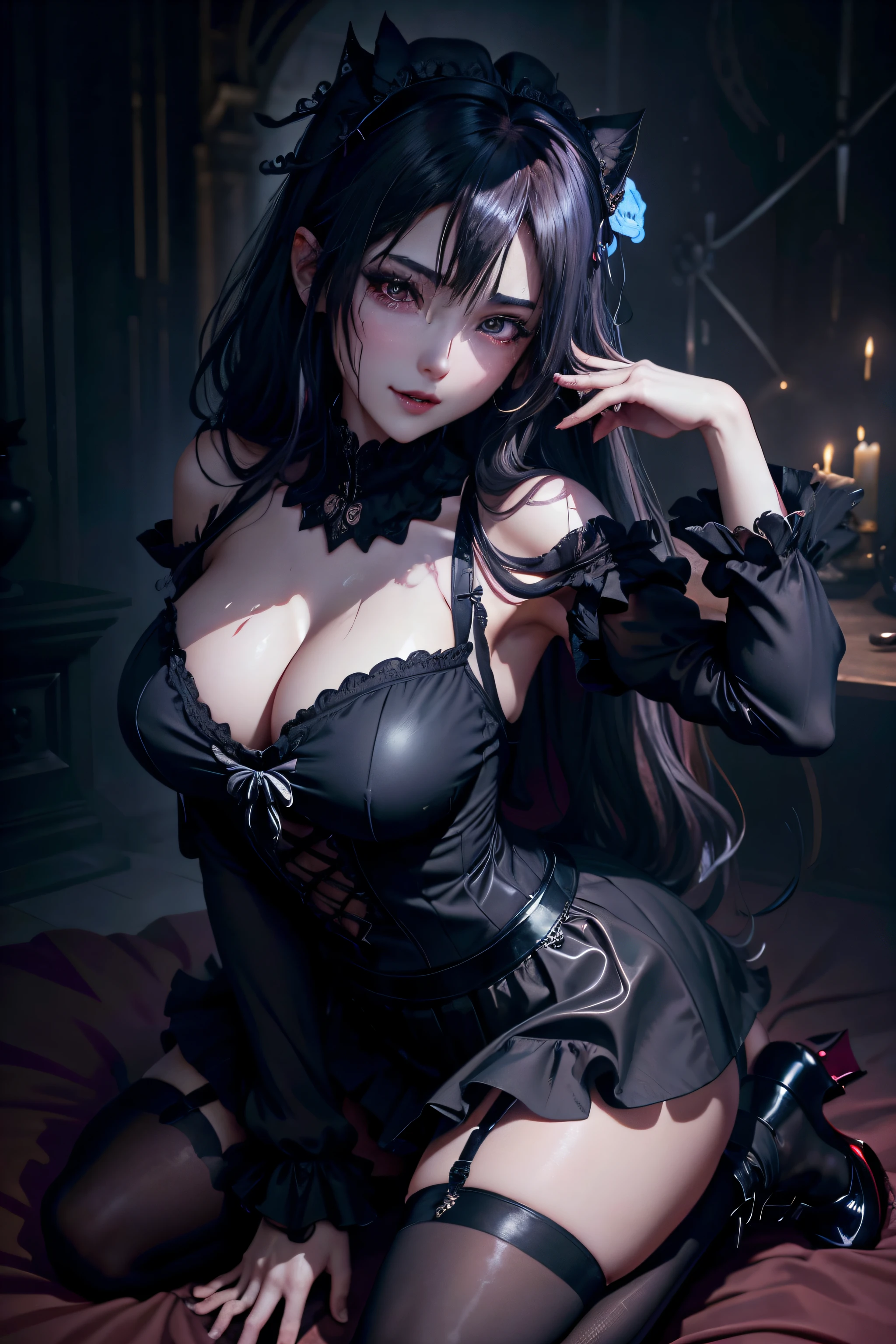 Hard Dark Gothic Makeup、Maniacal、Deep night sky、horor、Black Dark Eyeshadow、crying how bright、mourn、Good skin luster、Long hair straight hair、Dark Gothic Makeup、Dark smile、Restless Palace、Expressions of sexual arousal、Fragrant beauty、22year old、Lying、seductiv、Strong sexual pleasure facial expressions、A look of shame、Dark Gothic、Gothic ta、bell sleeves、Wizard Sleeve、Obscene look、Stained glass background、masutepiece、Best Quality、Refers to 5 books、Sweat glitters on my chest、Expression of sexual pleasure in anguish、Drunken face、maid clothes、Mysterious、noble、Face holding back the toilet、Flirty gothic lolithes、the body is wet and shiny、Transcendent sex appeal、open your legs sloppily、Lots of glitter on the thighs、I'm sweating a lot、Affectionate smile、twin-tail hair、Platinum blonde hair、my thighs are extremely wet、Jet black ruffled skirt、Shaded、Blue eyes on the right, red eyes on the left、Gothic bed covered with roses、Transcendent Bewitching Pose、all fours pose、Gravure photography、arch your back、stick out buttocks、Close your eyes and sleep、Pose、crawl on all fours、doggy style pose on bed、knee high socks、thigh-high socks、Sticky and profuse sweat on the thighs、Tons of sticky shiny thighs、Sweat shining generously on the thighs、The whole body is shiny with sweat、Glamour、A sexy、platform heel shoes、Quite sweaty、My thighs are sweaty、mysterious dark makeup、Chest size is modest、black lipstick、Heavy dark gothic long dress、Thighs are more glamorous、