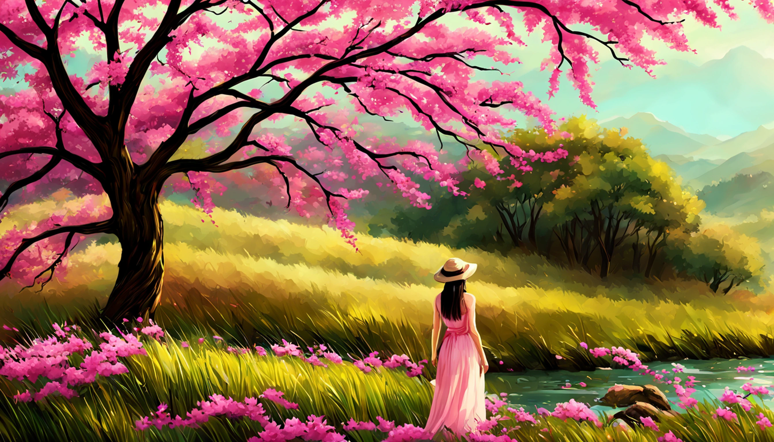 painting of a beautiful Chinese woman standing in a cherry blossom field with a sun hat and wearing pink halter dress, longos cabelos castanhos ondulados, wearing sunglasses, alto e magro, Beautiful, sorriso sutil, em um barco em um rio, por Yang J, Arte digital altamente detalhada em 4k, pintura detalhada 4K, inspirado em Raphael Lacoste, Pintura digital fosca 4K HD, Paisagem chinesa, inspirado em Fenghua Zhong, Detailed scenery—width 672, autor:Qu Leilei, inspirado em Andreas Rocha, autor:Xu Song