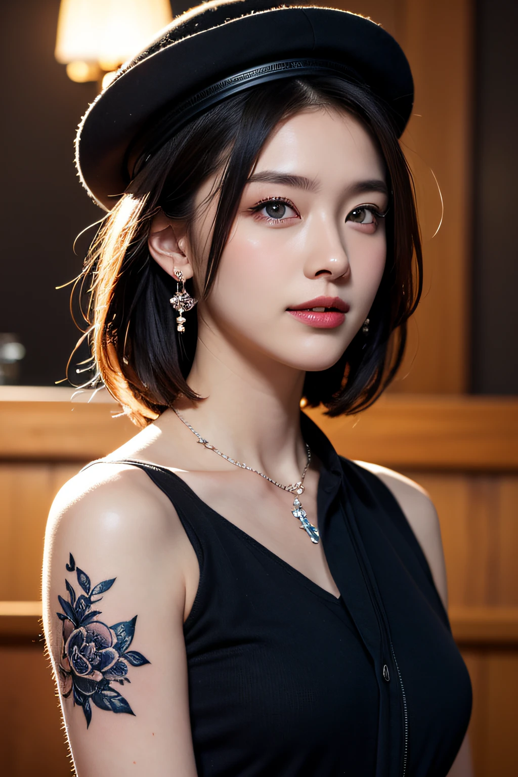masutepiece, Best Quality, High quality, Extremely Detailed CG Uniform 8k Wallpaper, 1girl in, Solo, black to blue hair, The tattoo, Short hair, hat, Jewelry, Smile, Necklace, gaze at the audience, hat, Realistic, Open mouth, tusk, Upper body, vests, Nose, Bare shoulders, artist name, Black tiara, 鎖骨, arm tattoos, Blue eyes, Lips, blur, Oil Painting, awardwinning photo, Bokeh, depth of fields, nffsw, bloom, chromatic abberation, Realism, Very detailed, Art Station Complex, high detailing, Dramatic, Art by Midjourney