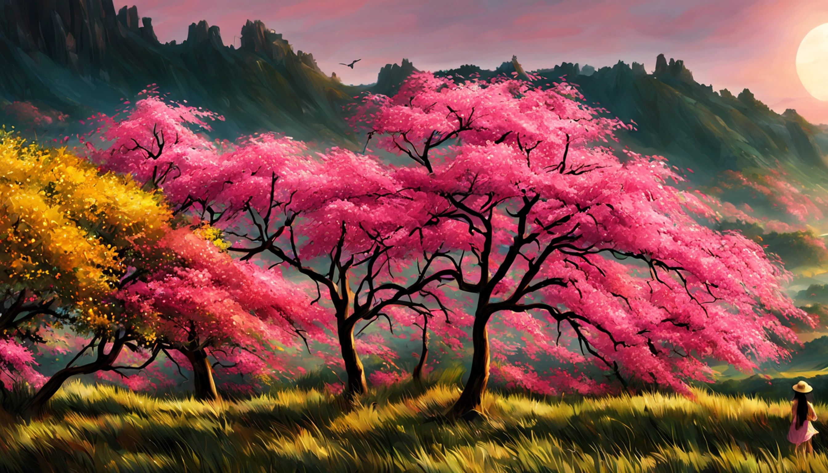 painting of a beautiful Chinese woman standing in a cherry blossom field with a sun hat and wearing pink halter dress, longos cabelos castanhos ondulados, wearing sunglasses, alto e magro, Beautiful, sorriso sutil, em um barco em um rio, por Yang J, Arte digital altamente detalhada em 4k, pintura detalhada 4K, inspirado em Raphael Lacoste, Pintura digital fosca 4K HD, Paisagem chinesa, inspirado em Fenghua Zhong, Detailed scenery—width 672, autor:Qu Leilei, inspirado em Andreas Rocha, autor:Xu Song