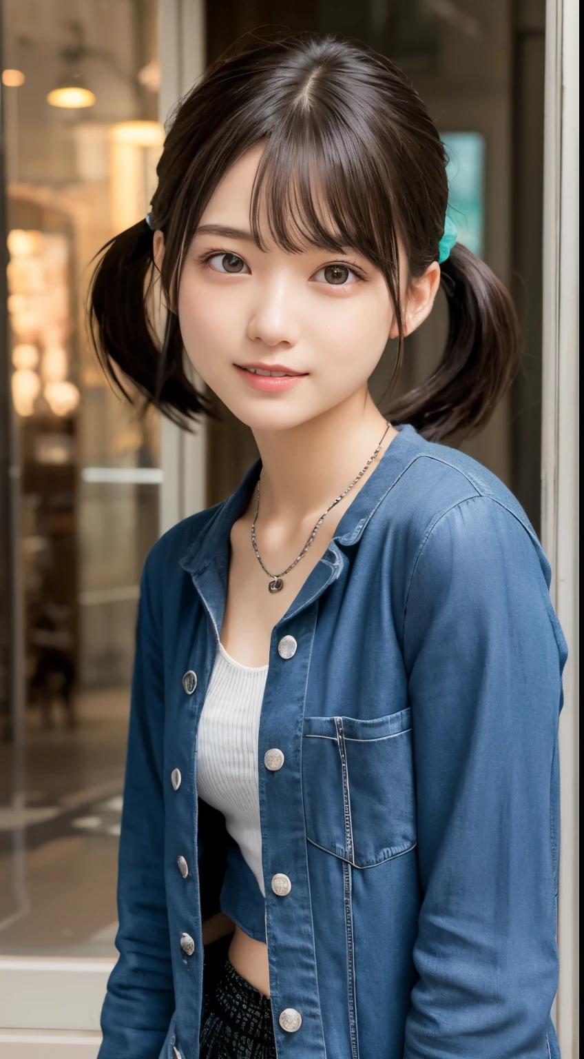 NFSW、masutepiece、masterpiece、1 girl in、(close up of face、cowboy shot)、Straight front view、japanes、very young cute woman、(The cutest girl in the world)、、Smaller face、large full breasts、Autumn knit jacket、Sheer inner、Chiffon skirt、Ultra-detailed costumes、Smiling in a café、Scrunchie、Thin necklace、Glamorous figure、hyper cute face、shiny lip、Double eyelids in both eyes、 natural make up、long eyeslashes、shiny smooth light brown hair、bangss、Short twin tail hair、asymmetrical bangs、image in center、8K分辨率、high détails、Detailed hairstyles、A detailed face、spectacular movie lighting、octane renderings、with a vibrant、Ultra-realistic、Perfect limbs、perfect anatomia