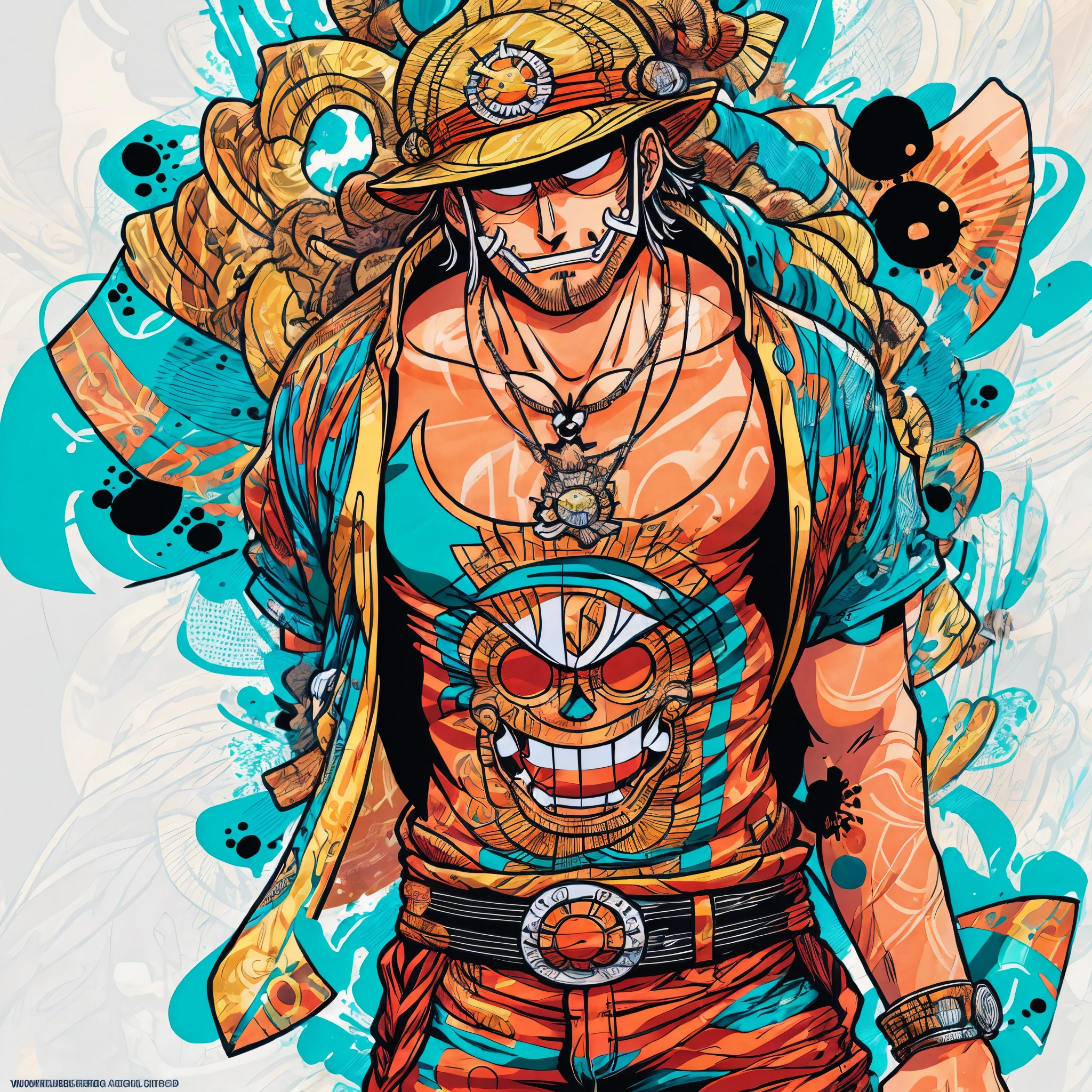 (detailed illustration of One Piece)+trendy design+high quality printing effects+the best quality t-shirt+comfortable texture+traditional Japanese style+striped pattern+sea elements,(Monkey D. Luffy)+ (Roronoa Zoro)+ (Nami)+ (Sanji)+ (Usopp) --auto --s2