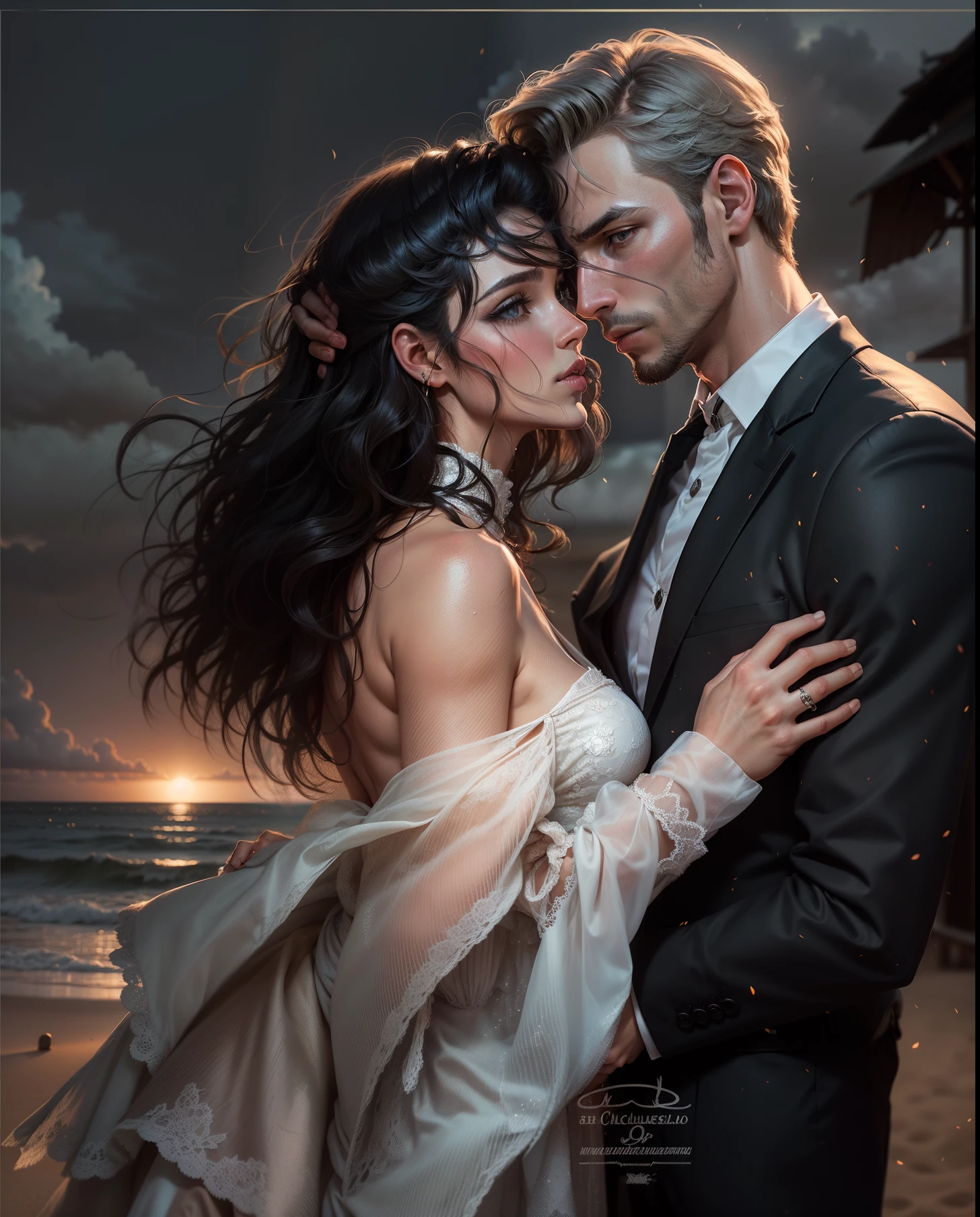Um casal elegante na beira da praia, casal elegante, man and woman cloudy sky, dia chuvoso homem e mulher casada elegante outra qualidade, melhor qualidade, Ultra detalhado, casal elegante, homem e mulher