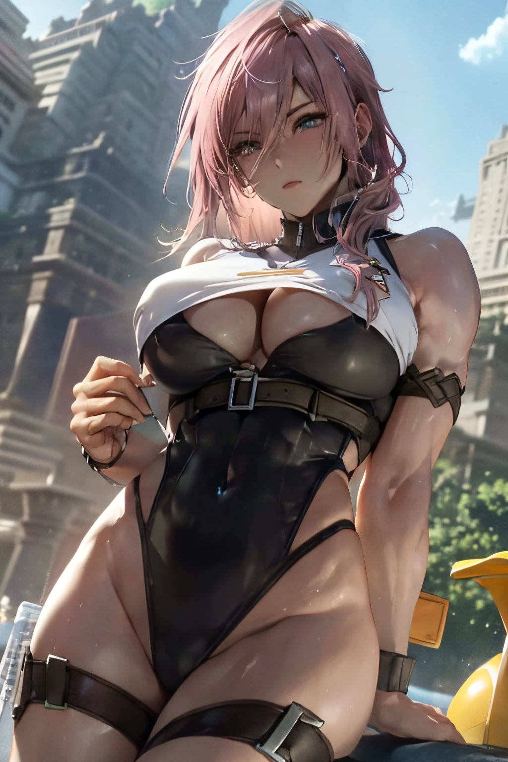 ((La mejor calidad)), ((Masutepiece)), ((Detalles muy intrincados)),Beautiful, alta calidad, A high resolution, absurdos, light difussion, Detalles intrincados, Detalles intrincados, ((Anime Big Breast)), (Anime Big Breast:1.2) , (Cara perfecta:1.3), ojo extremadamente detallado, De color, highest details, colores vibrantes, alto contraste, (8K UHD:1.2), (fotorrealista:1.2),(Masutepiece:1.4), (La mejor calidad:1.4), realista,senos medianos. Her physique is truly remarkable, bulging muscles,Ondula con el poder. His arms are adorned with immense sculpted biceps and triceps.., Each muscle fiber has a definition、voluntarioso. Sus abdominales contorneados de seis paquetes son、Proudly demonstrate dedication to physical strength, a testament to the hours spent honing her body to perfection. Usa ropa de entrenamiento,Resalta su forma musculosa, Ella emana un aire de confianza y dominio. Gotas de sudor caen en cascada por su piel brillante, evidence of the intense physical exertion she undertakes. El gimnasio sirve como su dominio, Take your body to the limit、A sacred space that transcends the limits of the seemingly possible. pelo corto, beautiful colored hair, cara enrojecida ,18+ cara,cara, ,wet mouth,Arte NSFW, curva del cuerpo, cuerpo completo y sexy, ((cuerpo completosbian)), cuerpo completosbian, Random location, random pose position, Random location, Camisa de belleza, (La parte superior del cuerpo_cuerpo),(_cuerpo:1.5), cuerpo perfecto, pose, chica traviesa, (tacto:1),Tato en el vientre, ((1chica en:1)), cuerpo completosbian, dark skin, Humano, ((lleno_cuerpo)),((tetona:1.5)),corto_cabello,(apretado_traje),(dynamic_pose),(aleatorio_pose),((cuerpo_Construction workers:1.5))