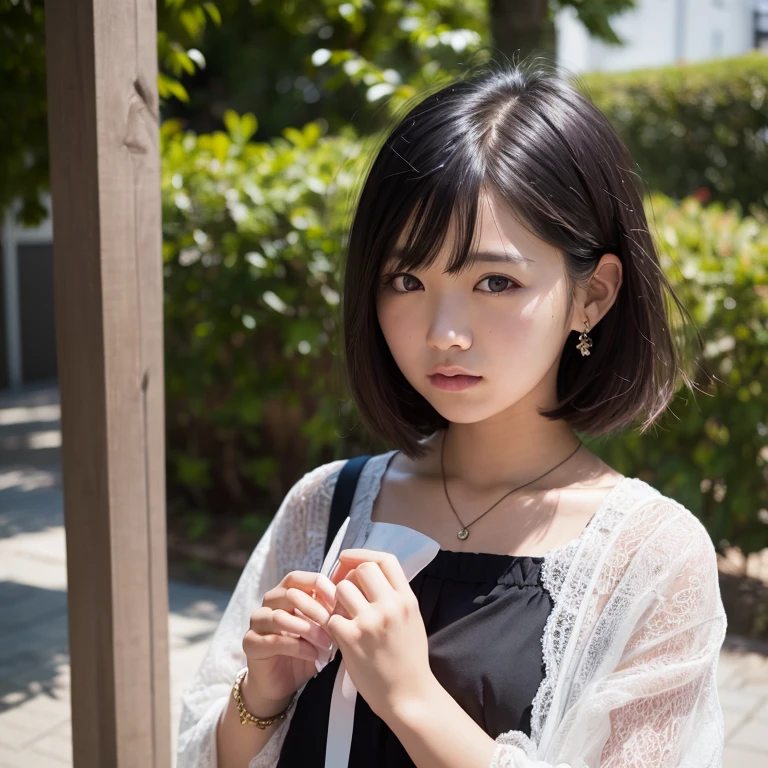 1girl in, 22year old, gradient, up looking_で_viewer, Black_hair, Solo by JM, Yoshiko Akishino, Shorthair, sisterhood, a park