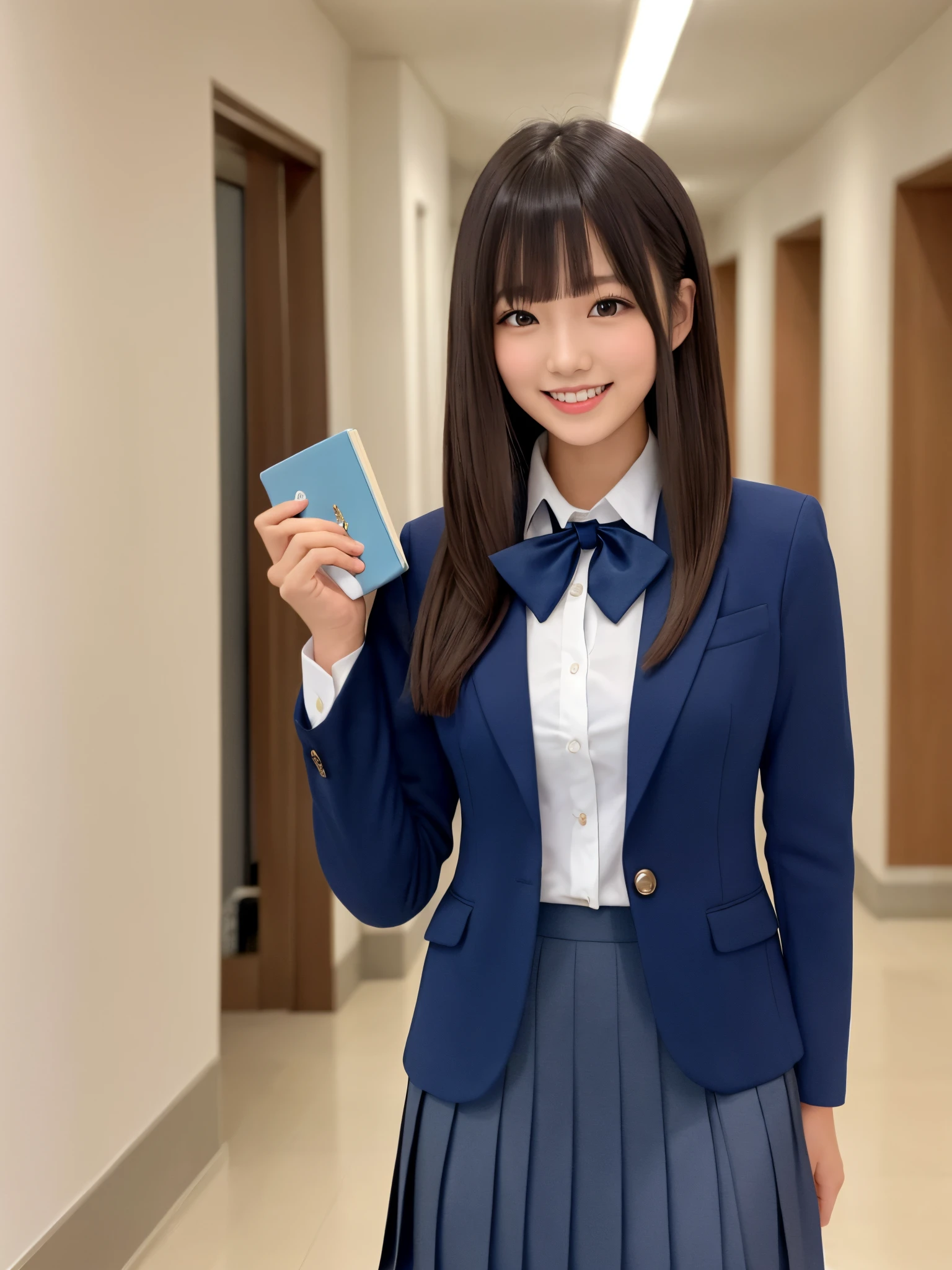 product quality, 1girl, upperbody shot, front view, a Japanese young pretty woman, long bob hair, standing on a wide corridor with a big smile in a high school, holding textbooks in her both hands, glamorous figure, wearing a dark blue blazer over a white collared shirt、wearing a shiny satin dark blue plain long tie, wearing a dark blue pleated skirt, hyper cute face, glossy lips, double eyelids in both eyes, natural makeup, long eyelashes, shiny smooth light brown long bob hair, asymmetrical bangs, skin tanned, central image, high resolution, high detailing, detailed hairstyle, detailed face, spectacular movie lighting, octane rendering, vibrant, hyper realistic, perfect limbs, perfect anatomy