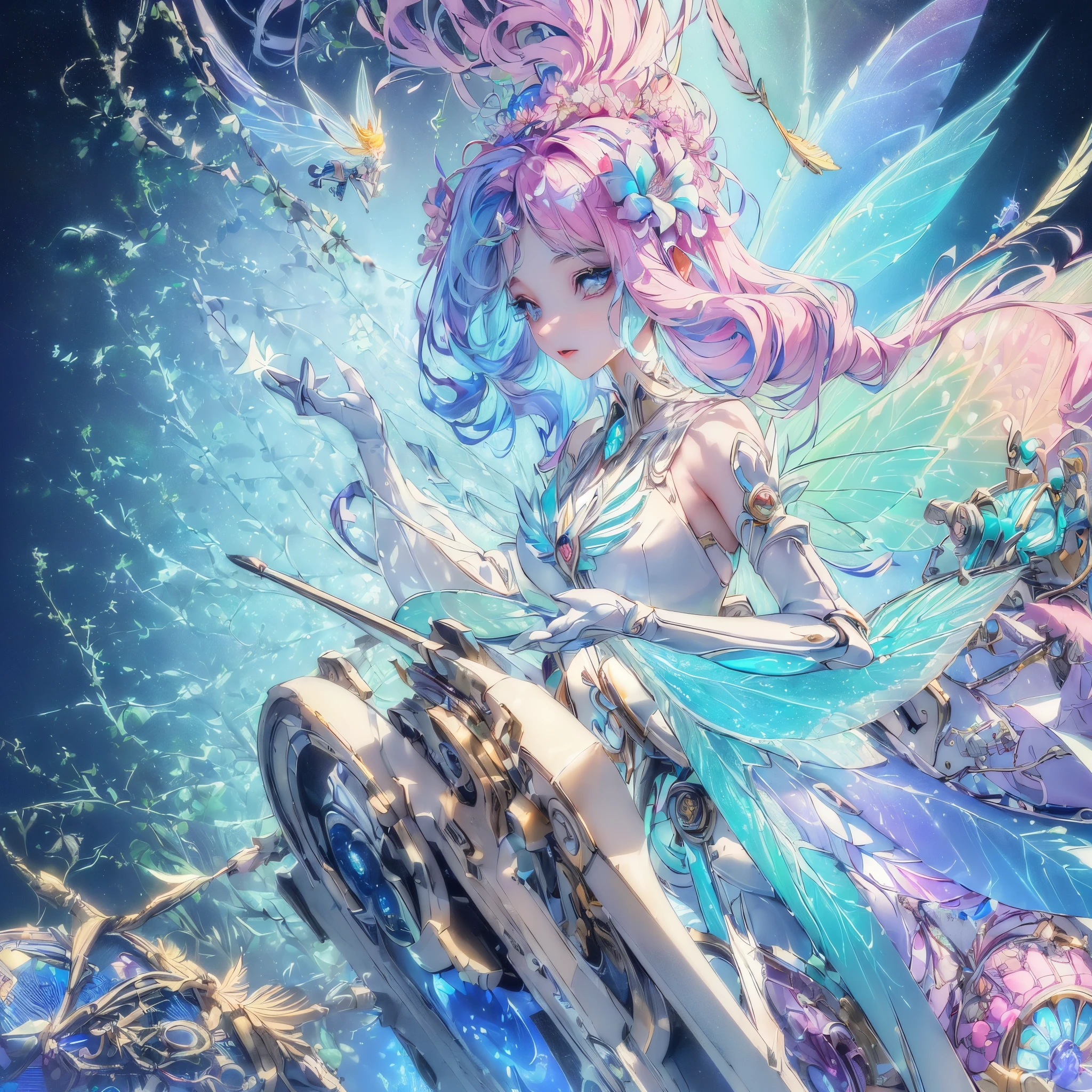 (masterpiece,top-quality,top-quality,Beautifully Aesthetic:1.2),1girl in,extra detailed face,artificially created fairy,hyper quality,super delicate lines,lensflare,((mechanical fairy,android fairy,symmetrical wings,geometric feather,electronic fairy)),mechanical flower landscape,Machine Eyes,((colourfull:1.5)),Mechanical world,flying though the air,