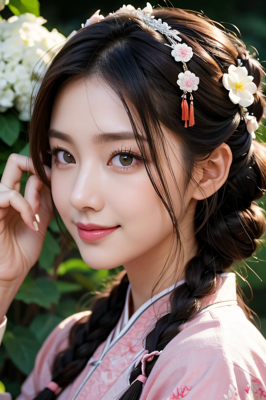 masutepiece, best, Night, fullmoon, 1 female, Mature Woman, Chinese style, Ancient China, older sister, Royal sister, Smile, dark brown hair, Dark hair, Princess Cut, braid, Curly hair, Double ball head, pale pink lips, Calm, Intellectual, Medium Hair, green pupils, Hairpin, hydrangeas, Delicate face, Face Close-up, Hand close-up