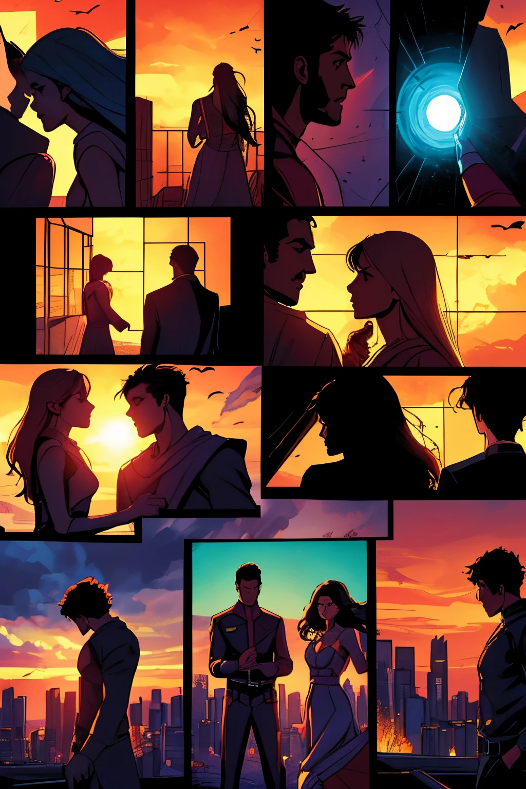 comic book,6-panel grid,wordless,very representative,easy to understand,illustration,high-quality,ultra-detailed,expressive characters,vibrant colors,emotional storytelling,romantic atmosphere,varied camera angles,dynamic poses,subtle lighting,thoughtful composition,cohesive visual narrative.