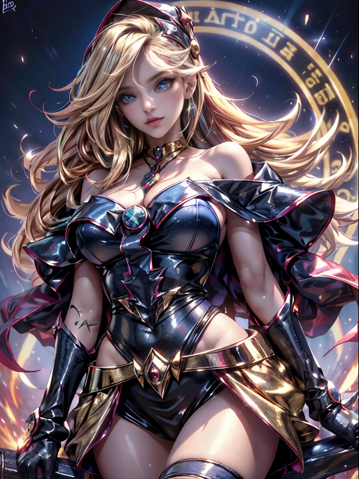 Dark magician gils. Rubia dorada sexy, ojos azules, Cara hermosa, Fit and athletic body, travieso, guarra, Manos perfectas, Manos detalladas, Ojos azules perfectos, ojos detallados, flirty, sexy, tetas grandes y alegres, cuerpo completo, realista, HDR, UHD, dynamic, sentado en el suelo frente a una chimenea, Posando, Santa Claus red dress, christmas tree, botas negras. Pose sejustiva y sensual