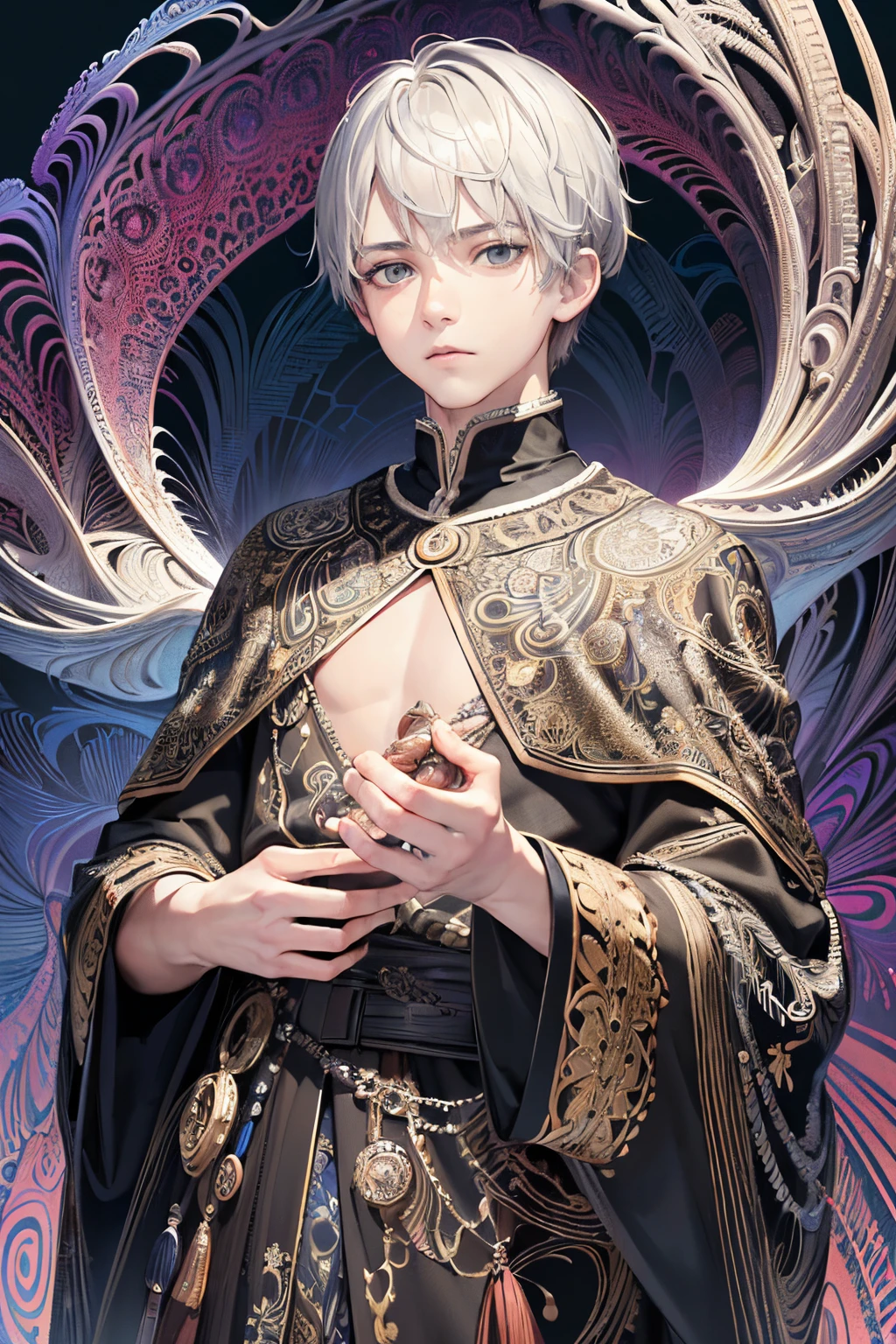 realistic,  (masterpiece, top quality, best quality, official art, beautiful and aesthetic:1.2), 
extremely detailed,fractal art,colorful,highest detailed,zentangle,(abstract background:1.5)
(1boy:1.3), (birds),silver hair, bright eyes,hair slicked back, short hair, black robe,gay