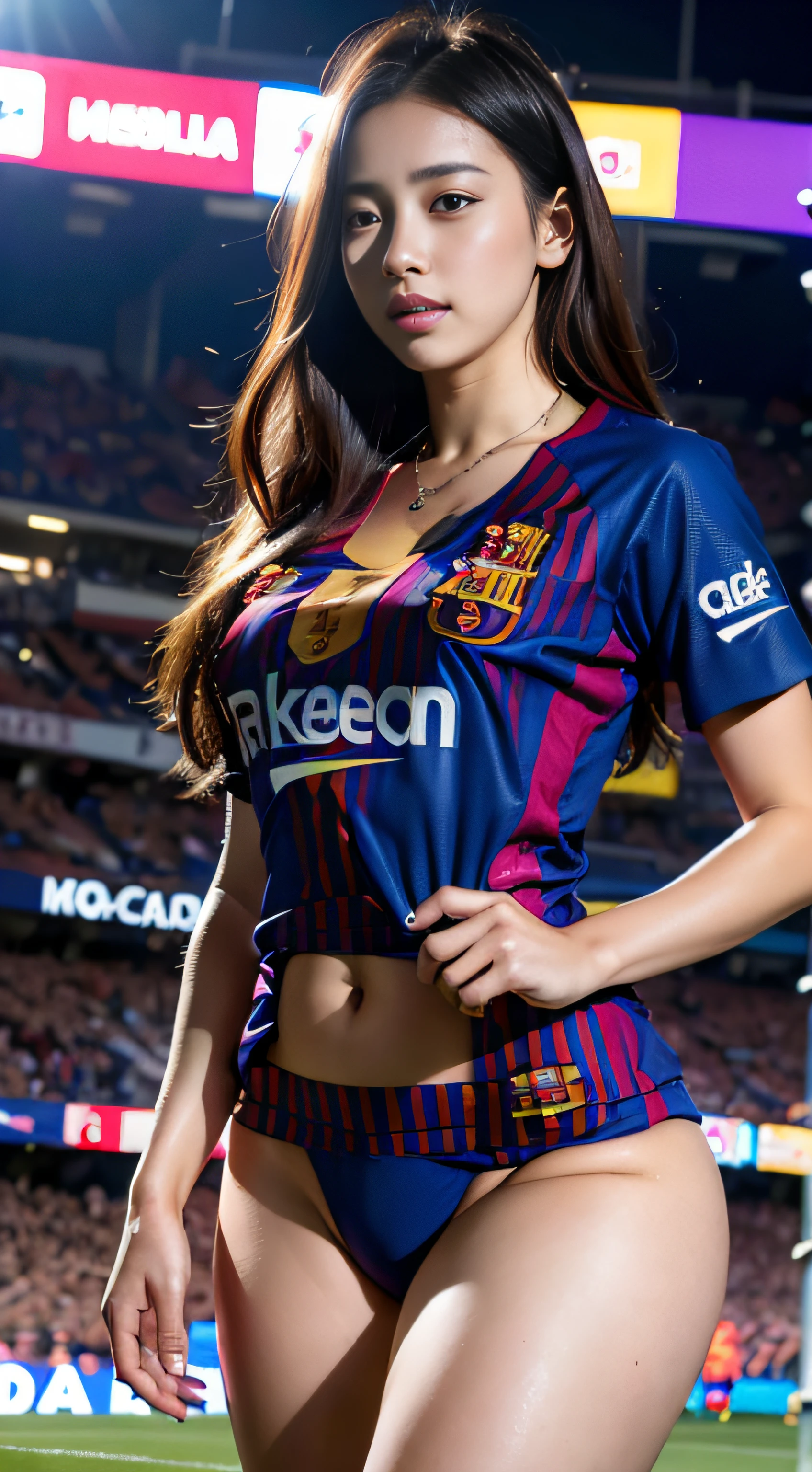 1girl, long hair, very pretty face, hairstyle, ((slutty Barcelona football jersey)), top and bikini, big breasts, big ass, (curvy), professional make-up, necklace, football stadium vacation, (cyberpunk), dynamic light , dynamic angle, (seductive poses), beautiful curves